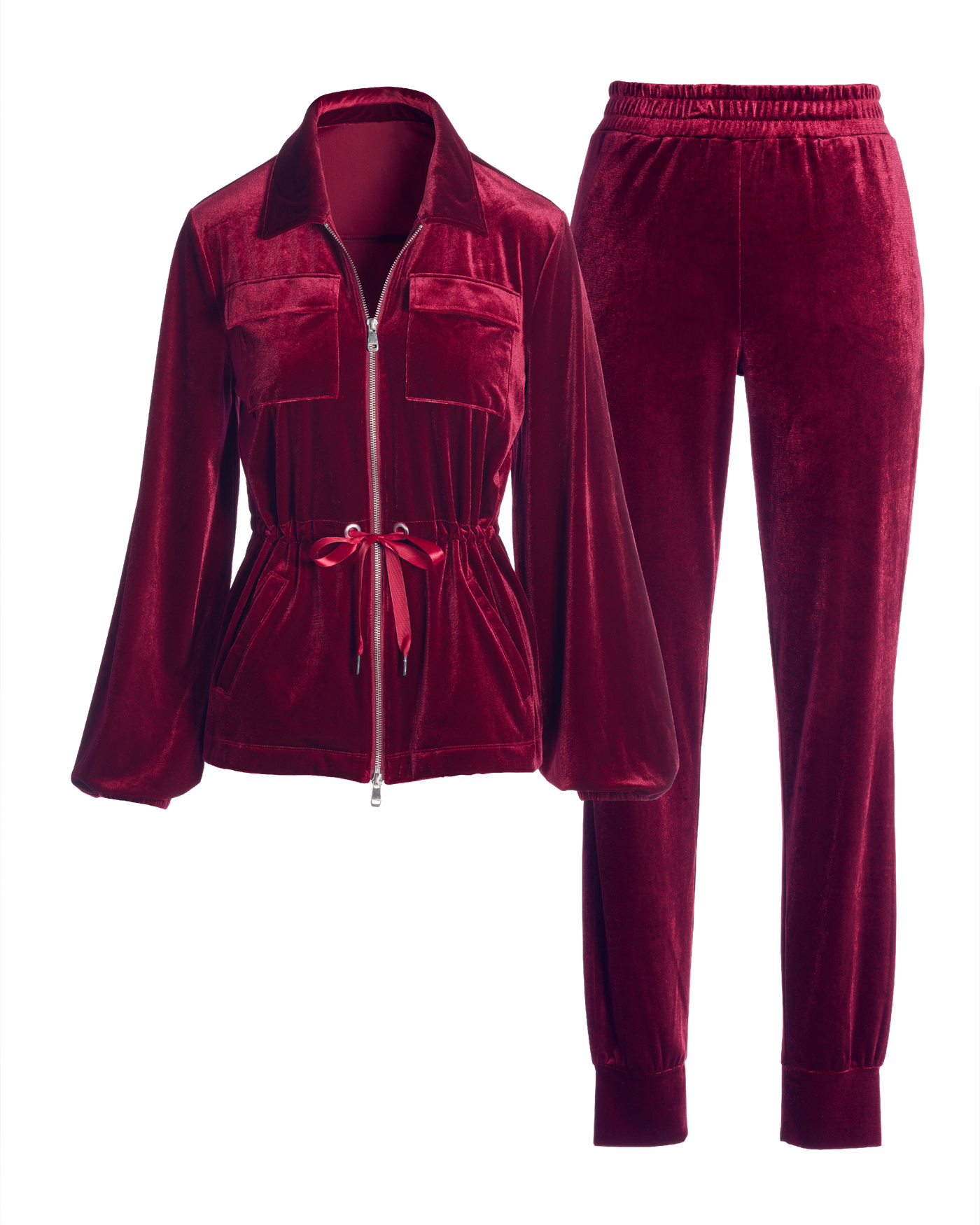 Chic Velour Drawstring Jacket and Jogger Set Burgundy