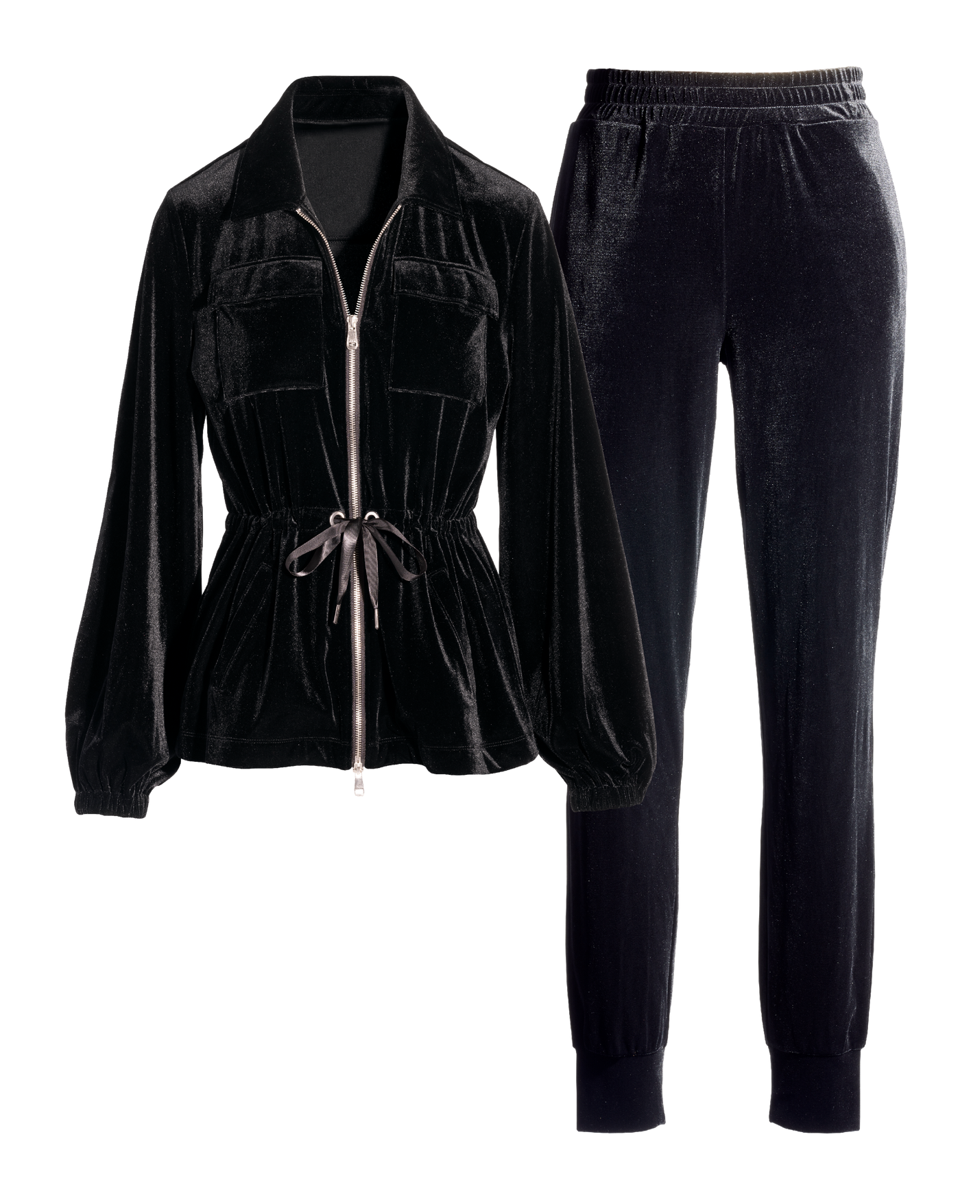 Chic Velour Drawstring Jacket and Jogger Set Black