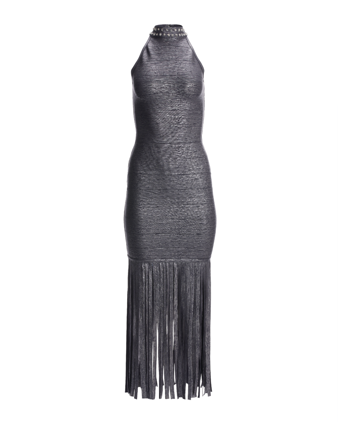 Mock Neck Embellished Bandage Fringe Maxi Dress - Gray/Silver | Boston  Proper