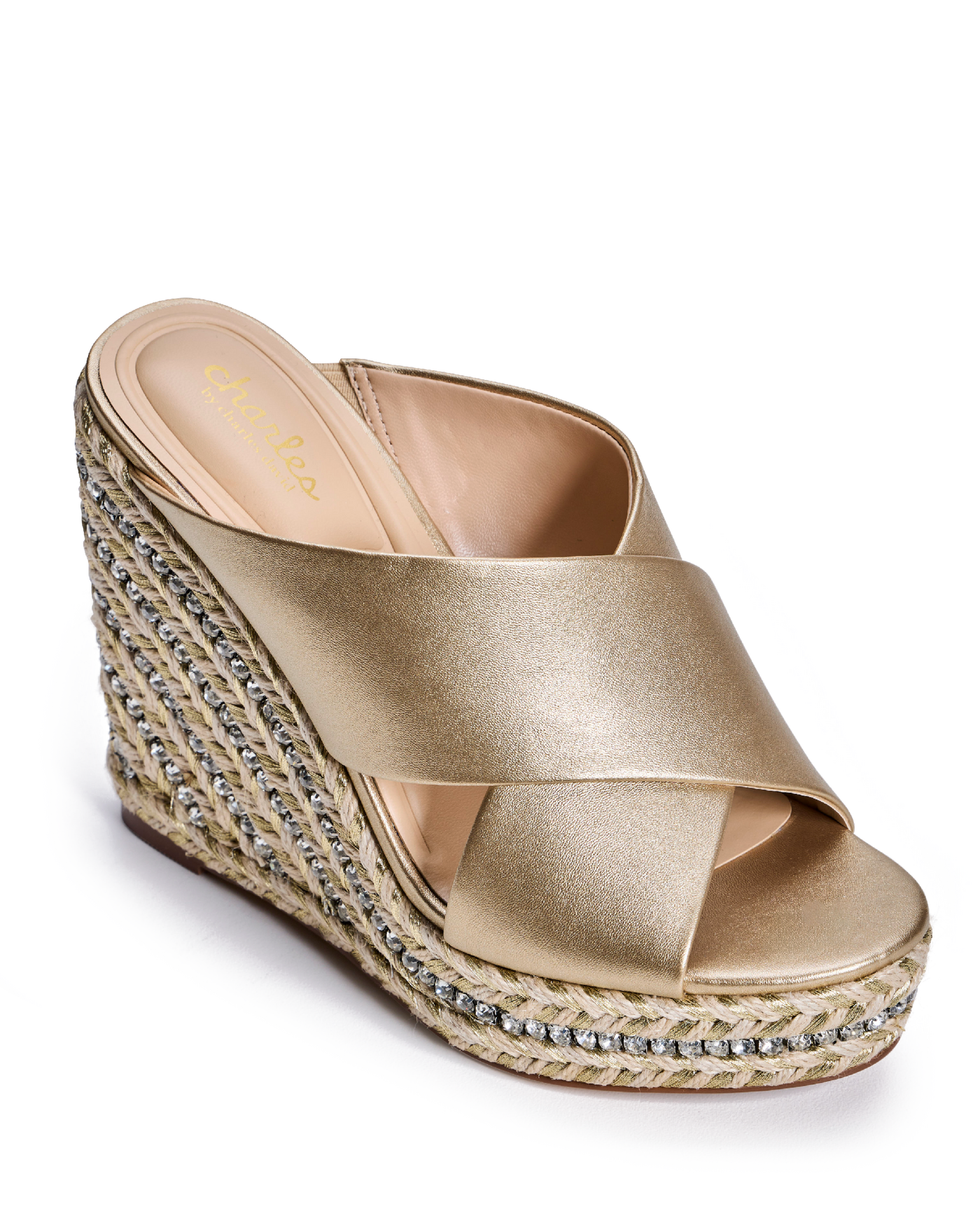 Metallic Criss Cross Rhinestone Wedge Gold