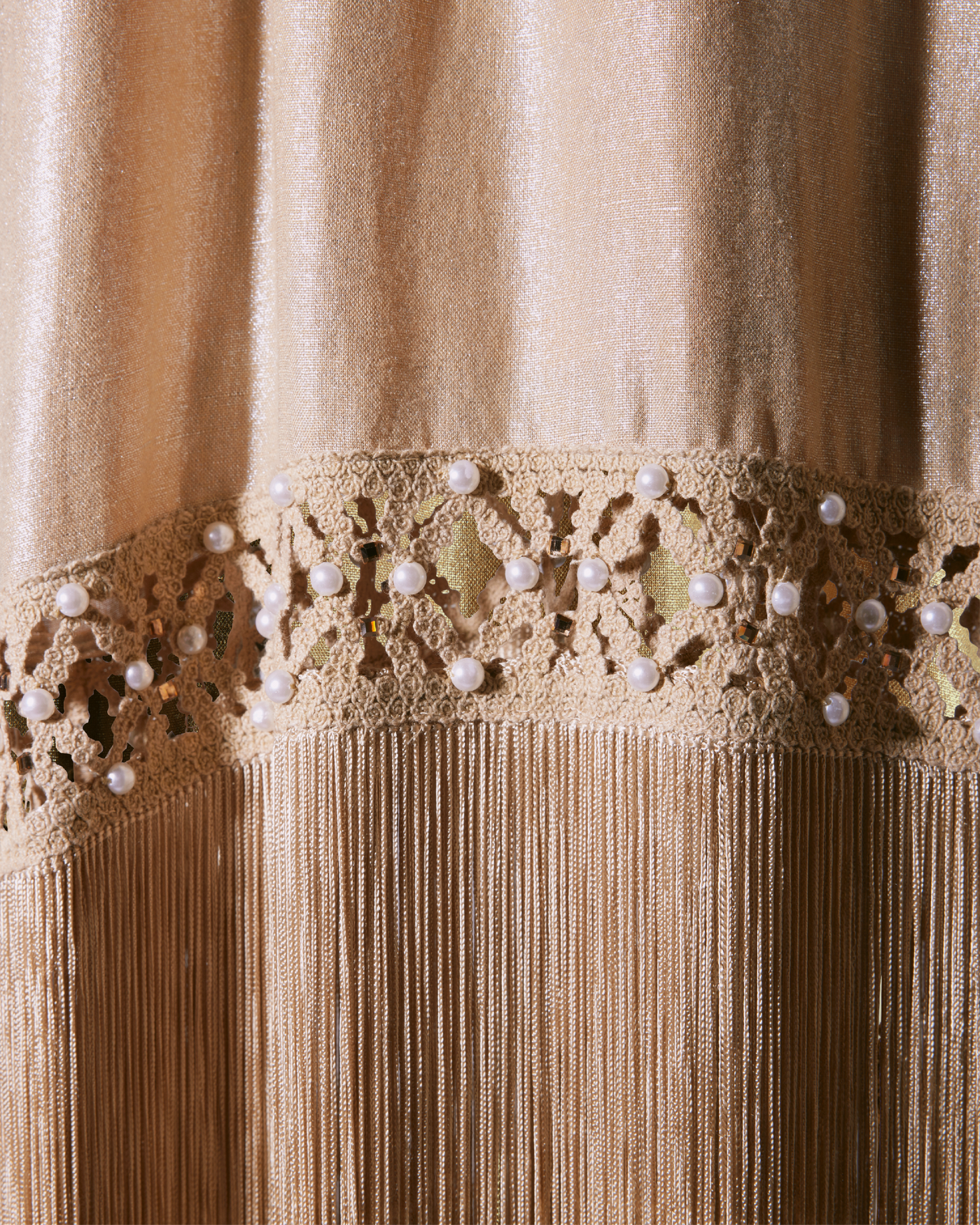 Shimmer Linen Crochet Trim Pearl Embellished Square Neck Fringe Dress Gold
