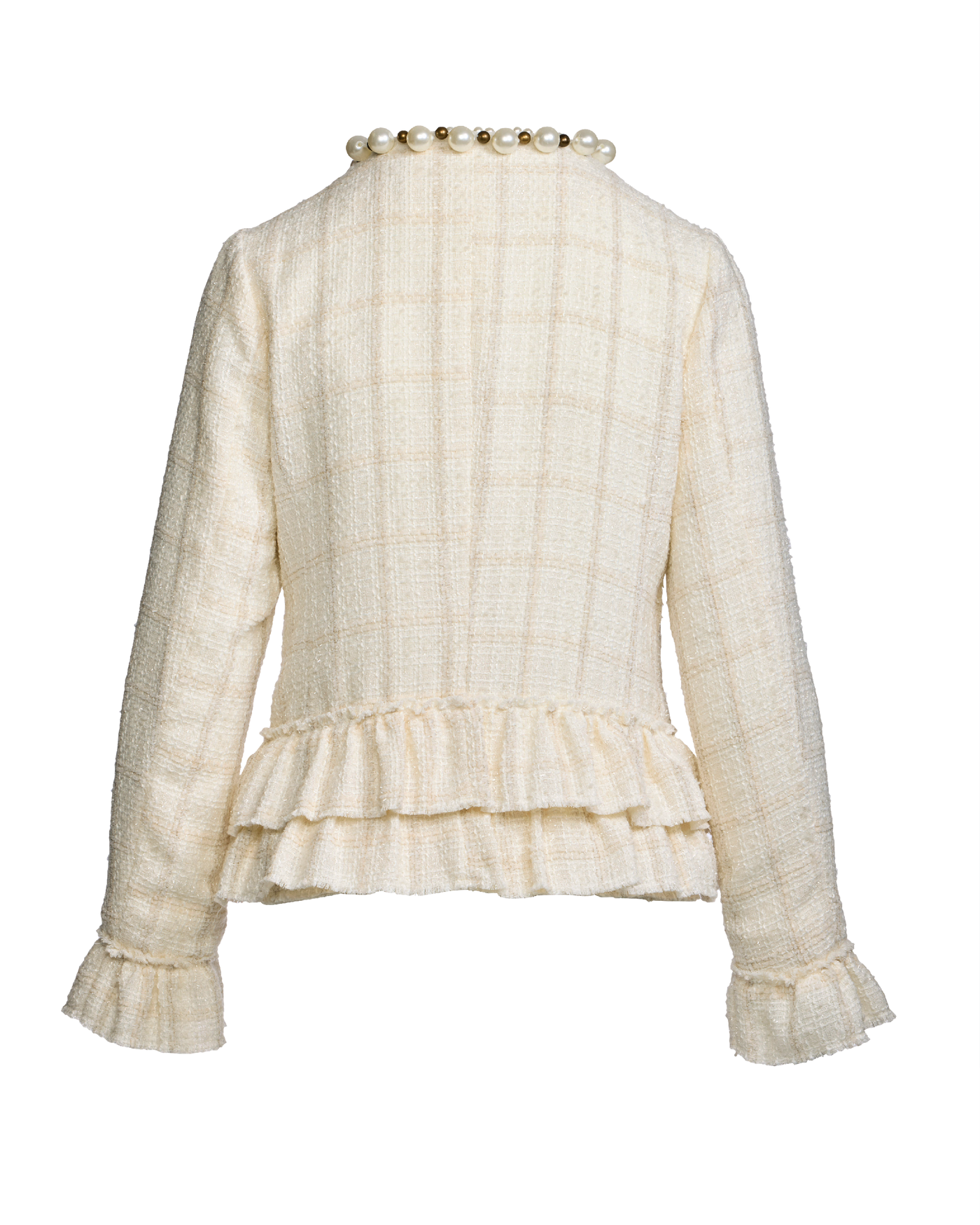 Pearl Trim Tweed Ruffle Detail Jacket Off White