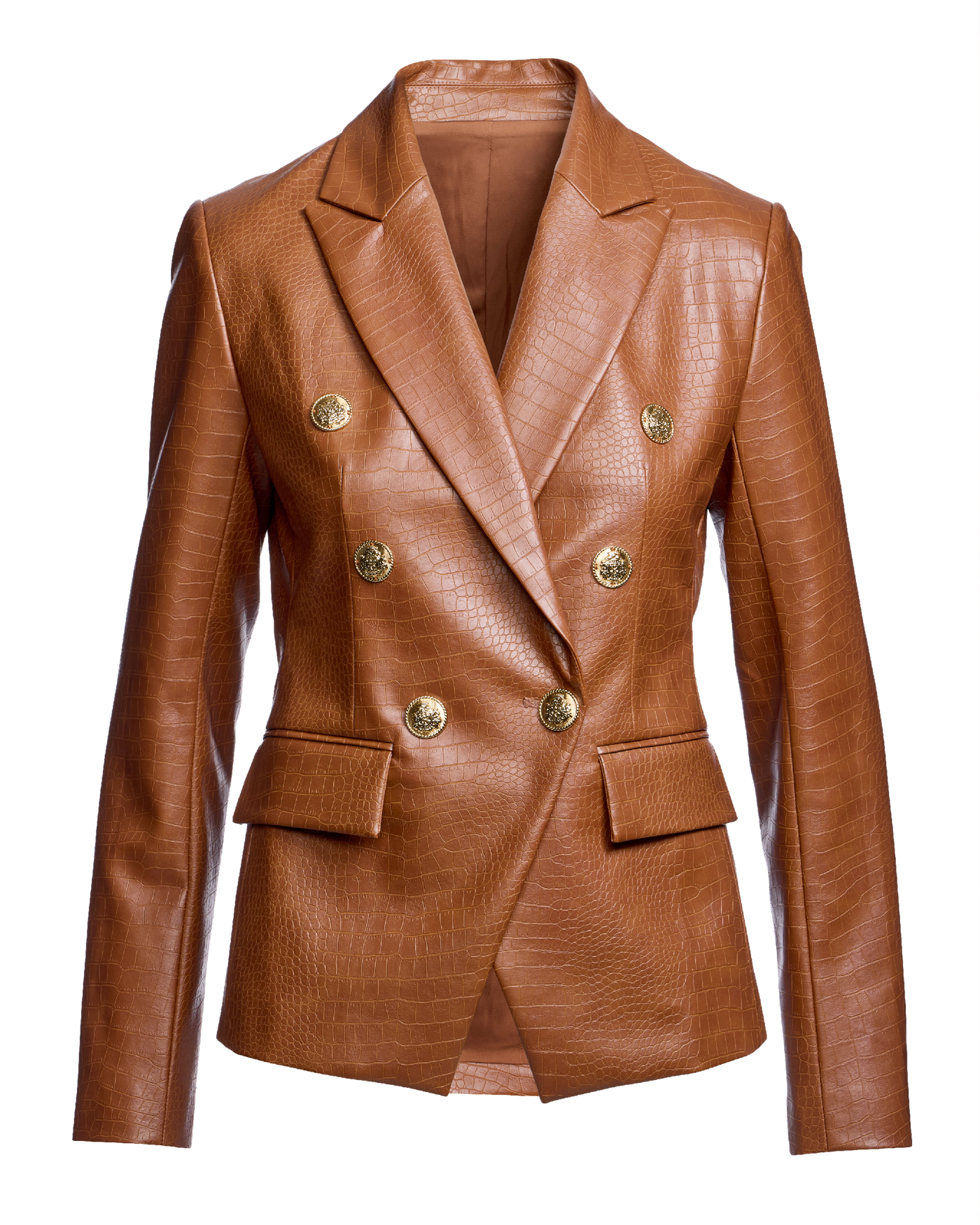 Faux Leather Croc Double Breasted Blazer - Cognac | Boston Proper