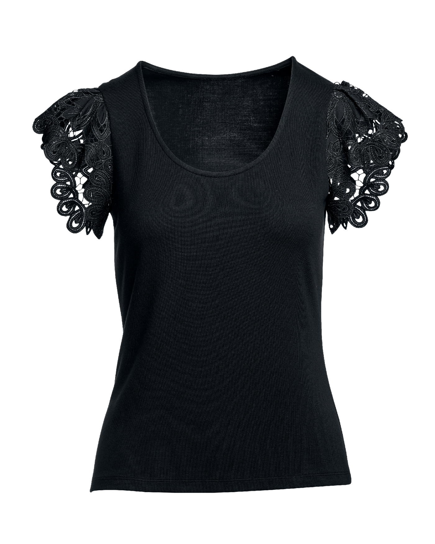Scallop Lace Sleeve Knit Top Black