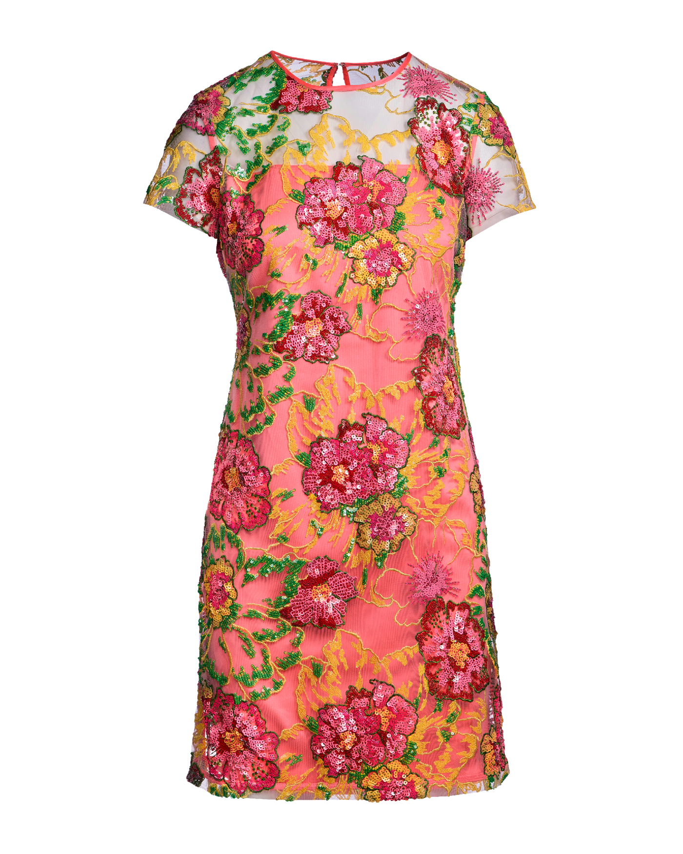 Sequin Embroidered Mesh Short Sleeve Dress Pink Multi
