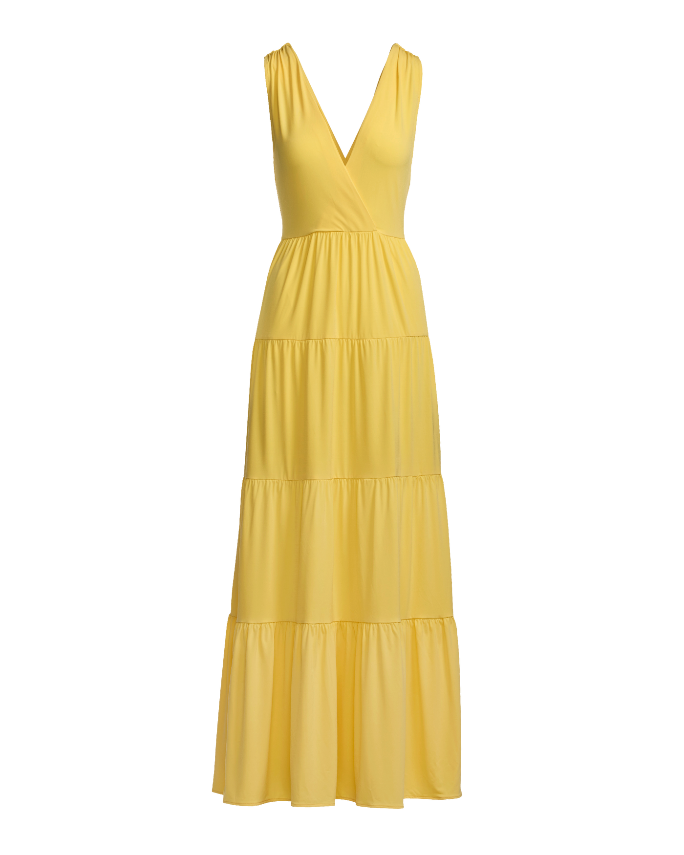 V Neck Tiered Knit Maxi Dress Lemon Drop