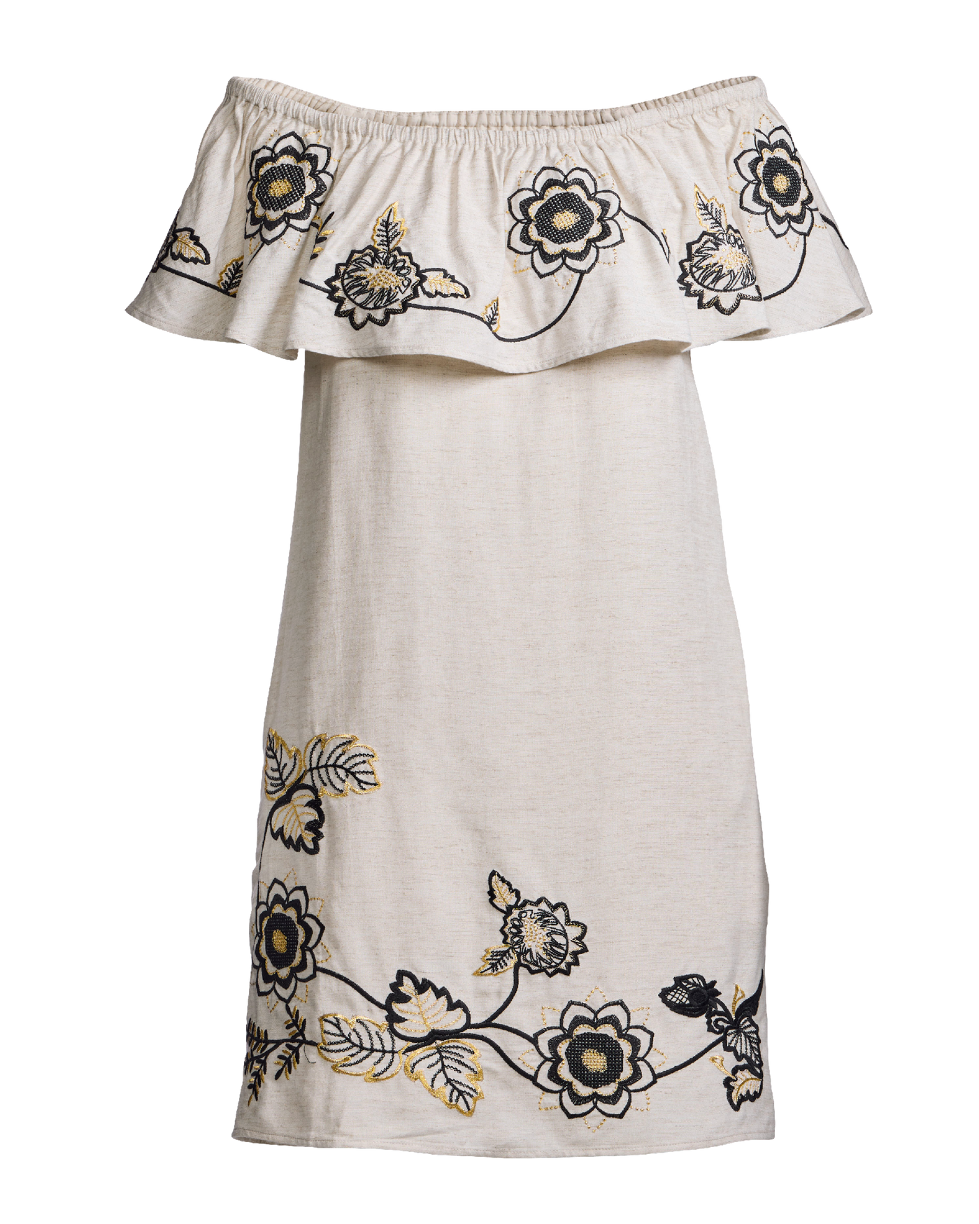 Linen Embroidered Off The Shoulder Shift Dress Flax