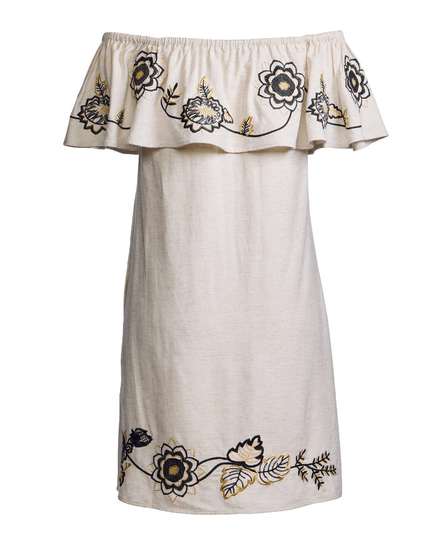 Linen Embroidered Off The Shoulder Shift Dress Flax