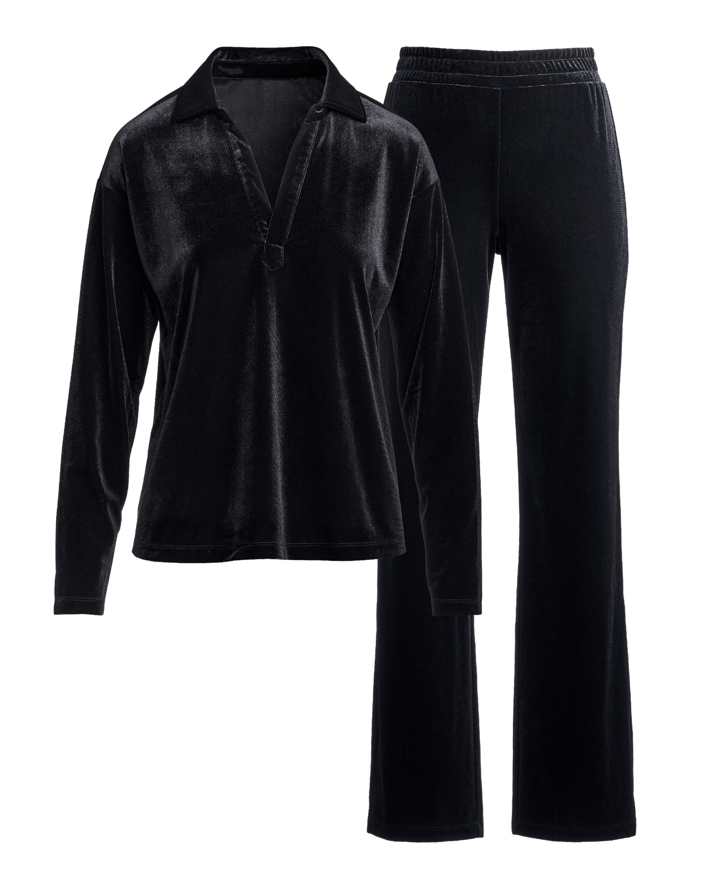 Chic Velour Collared V Neck Wide Leg Pant Set Black | Boston
