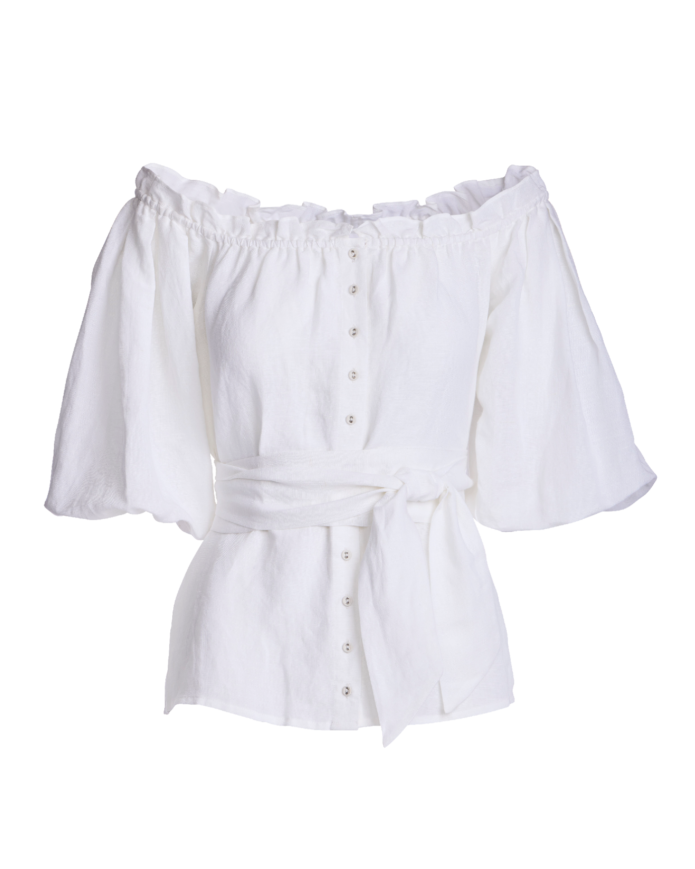 Linen Puff Sleeve Tie Waist Peplum Blouse - White | Boston Proper