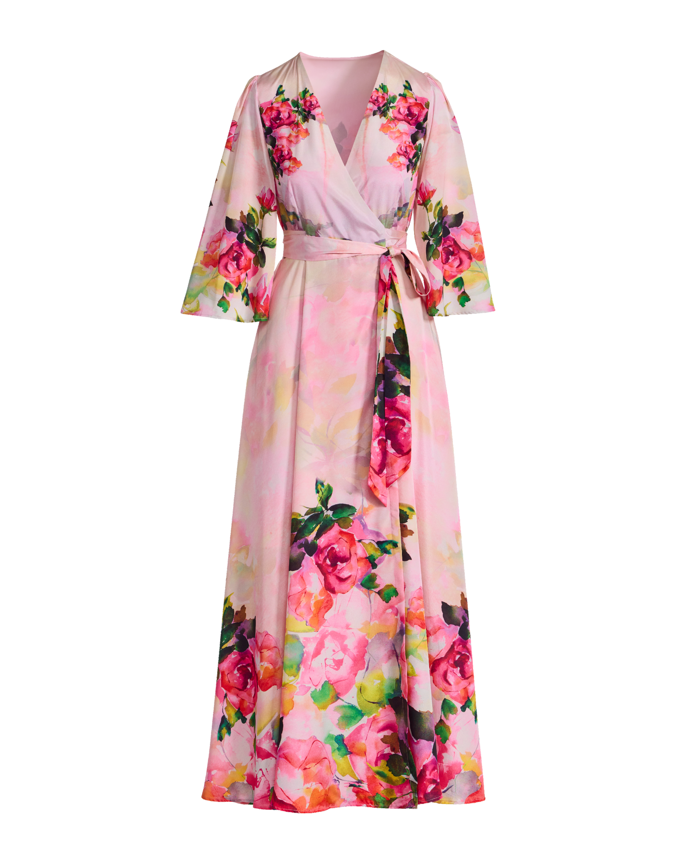 Watercolor Floral Print Wrap Maxi Dress Pink Multi