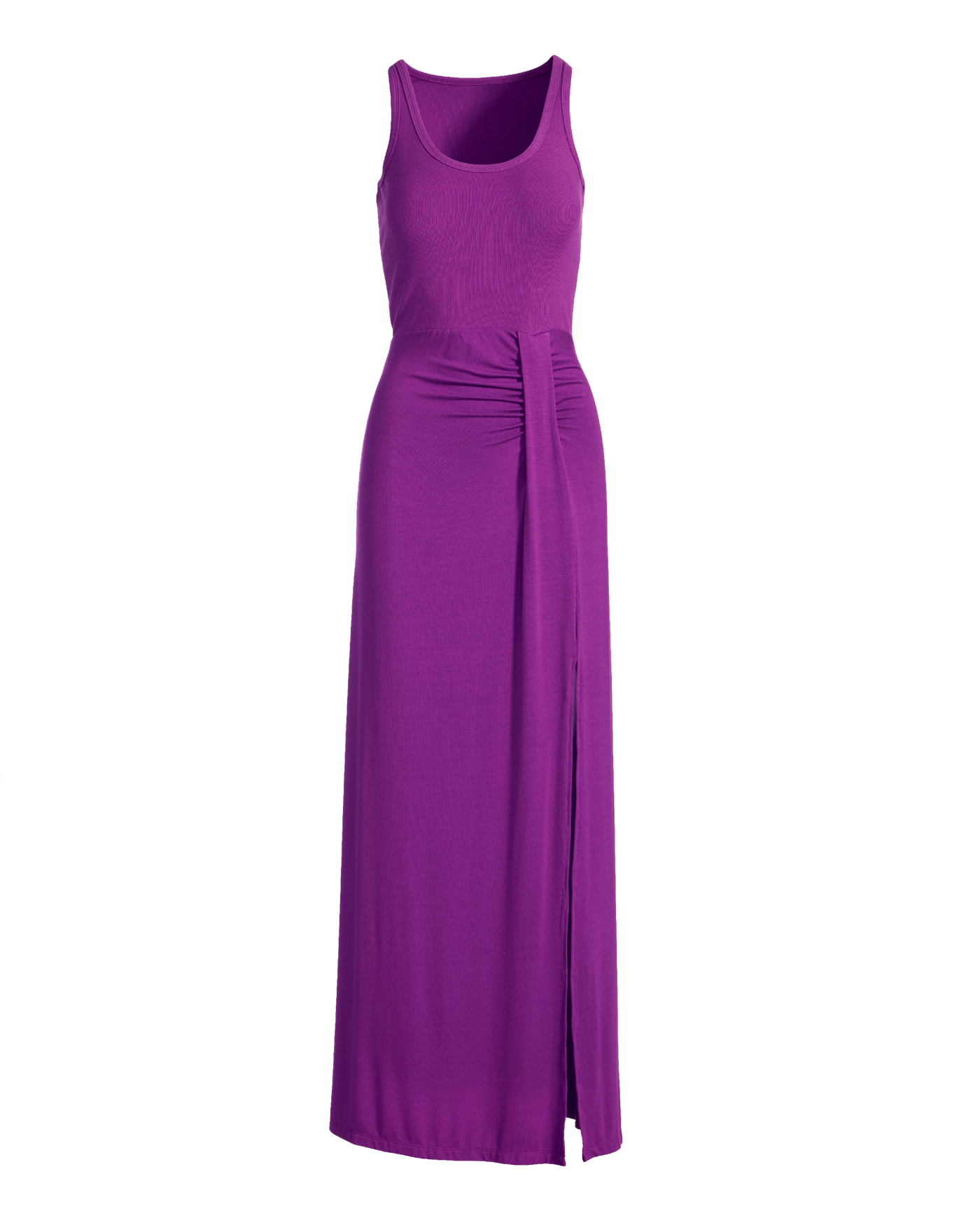 Rib Knit Mixed Media Scoop Neck Slit Maxi Dress Grape Juice