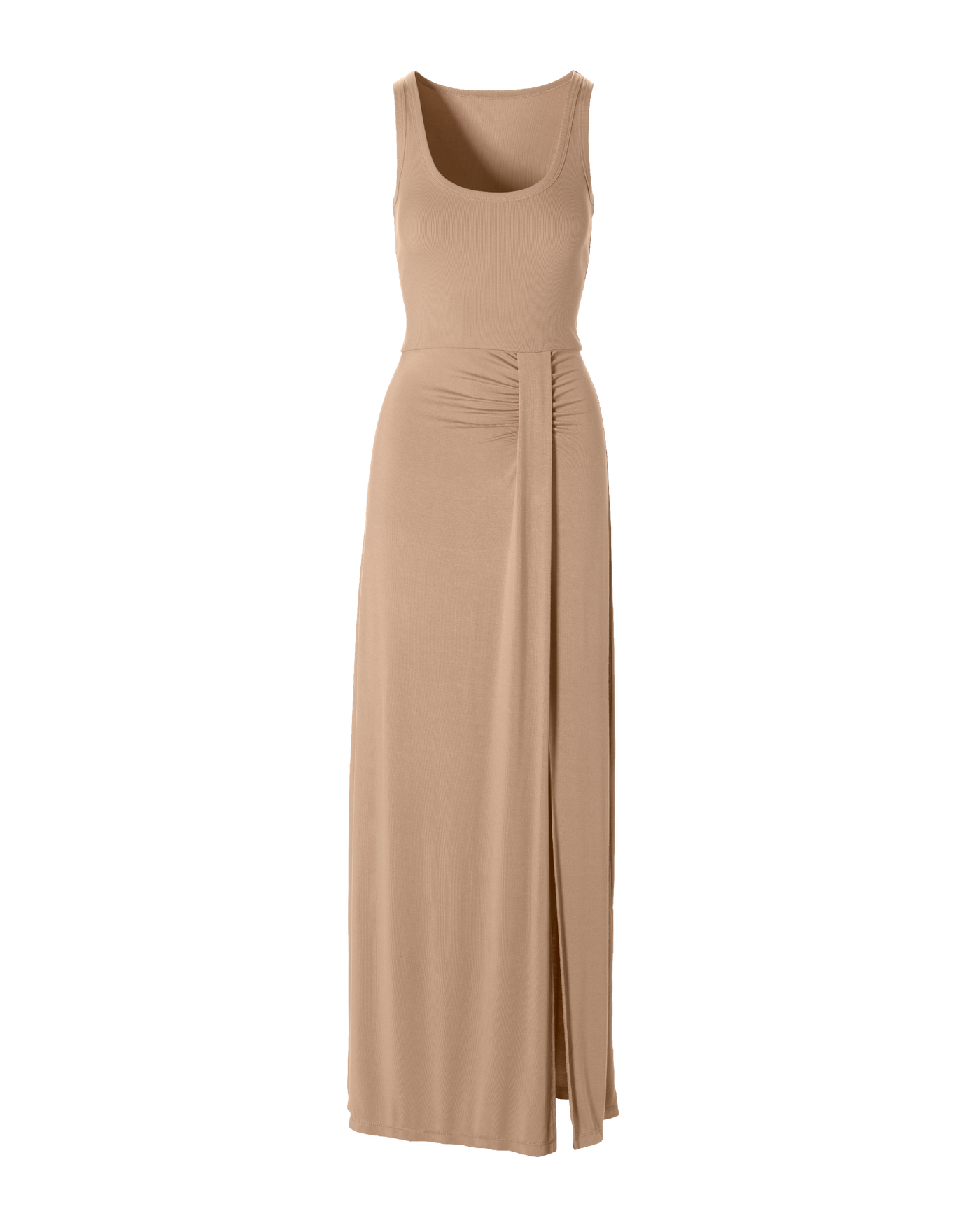 Rib Knit Mixed Media Scoop Neck Slit Maxi Dress Sesame