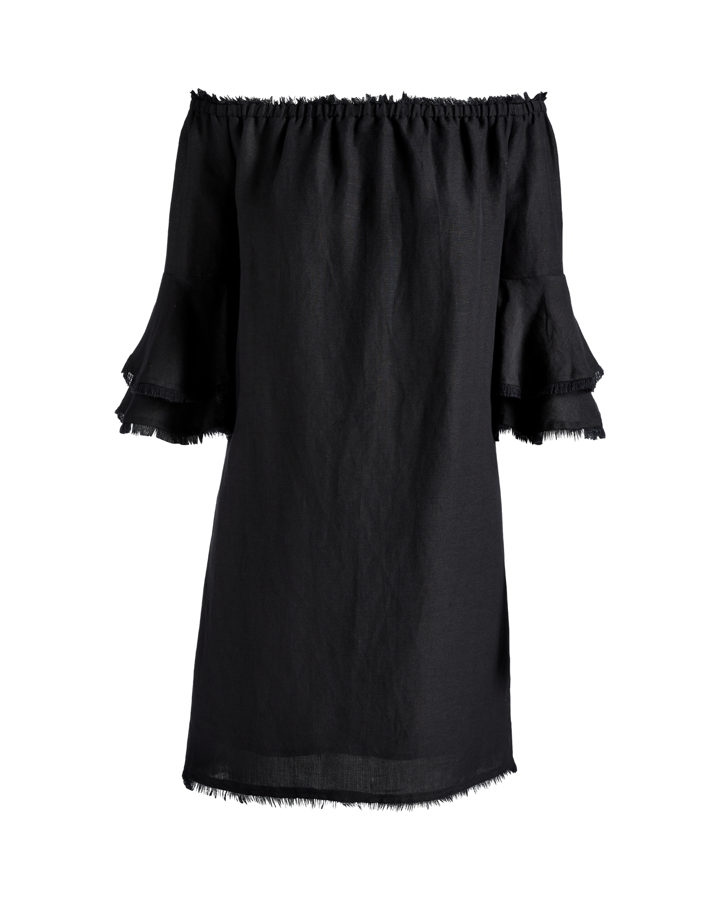 Linen Off The Shoulder Tiered Sleeve Shift Dress Black