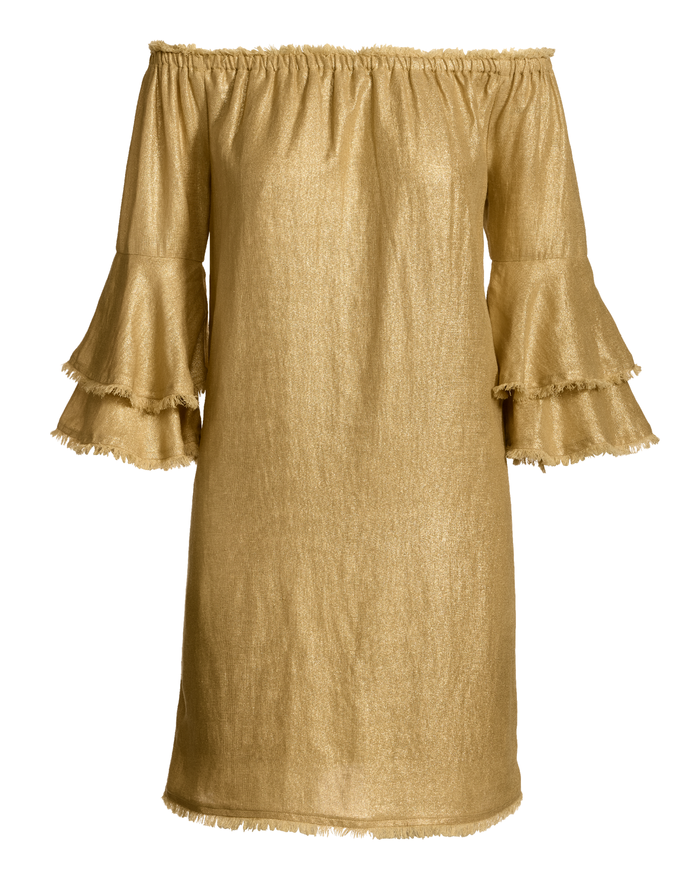 Linen Off The Shoulder Tiered Sleeve Shift Dress Gold