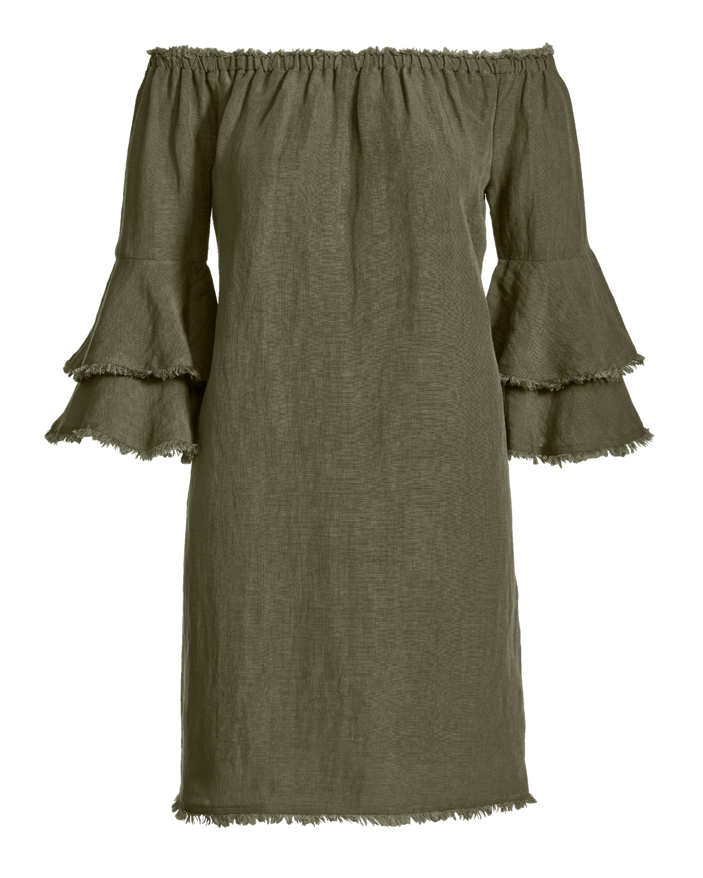 Linen Off The Shoulder Tiered Sleeve Shift Dress Olive Night