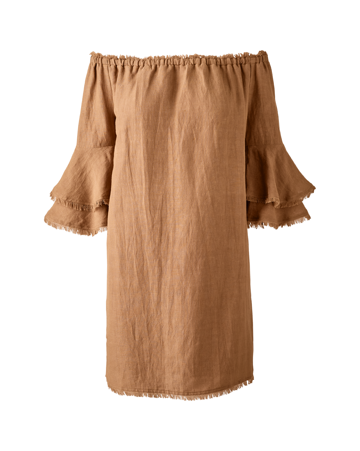Boston Proper - Tobacco Brown Neutral - Linen Off The Shoulder Tiered Sleeve Shift Dress - Large