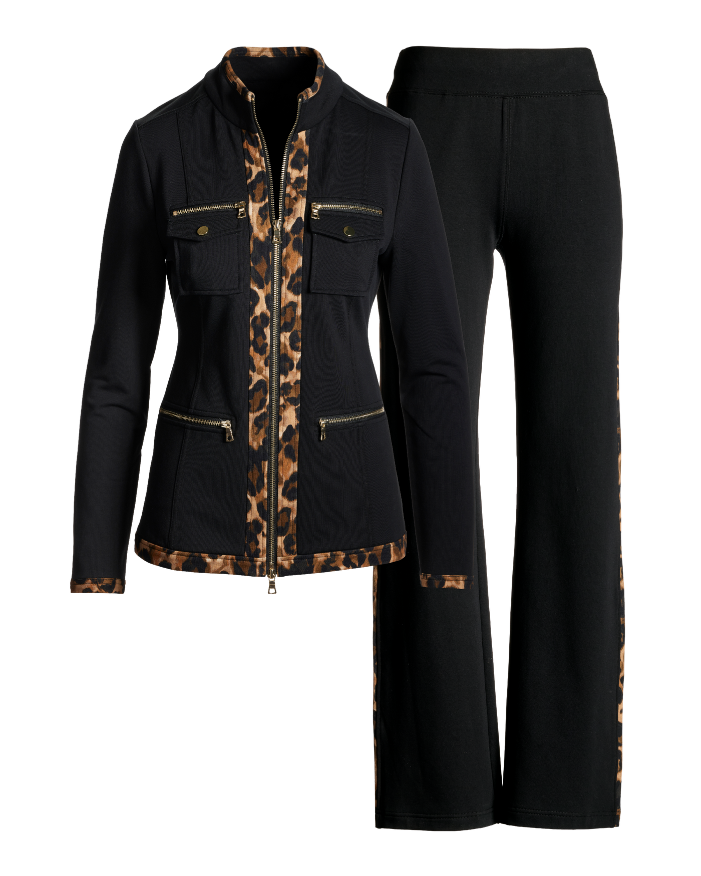 Chic Zippered Printed Trim Sport Coordinate Set Cheetah Spots