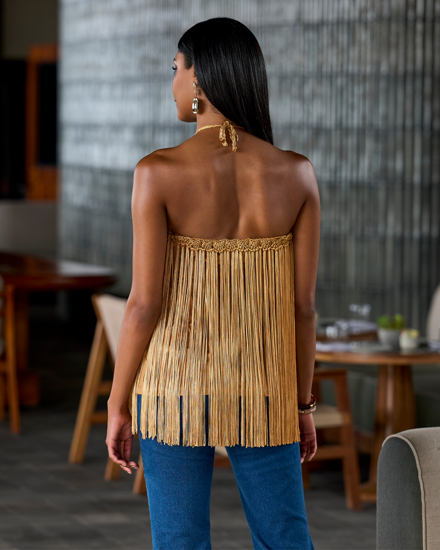 Macramé Fringe High Neck Tank Tan