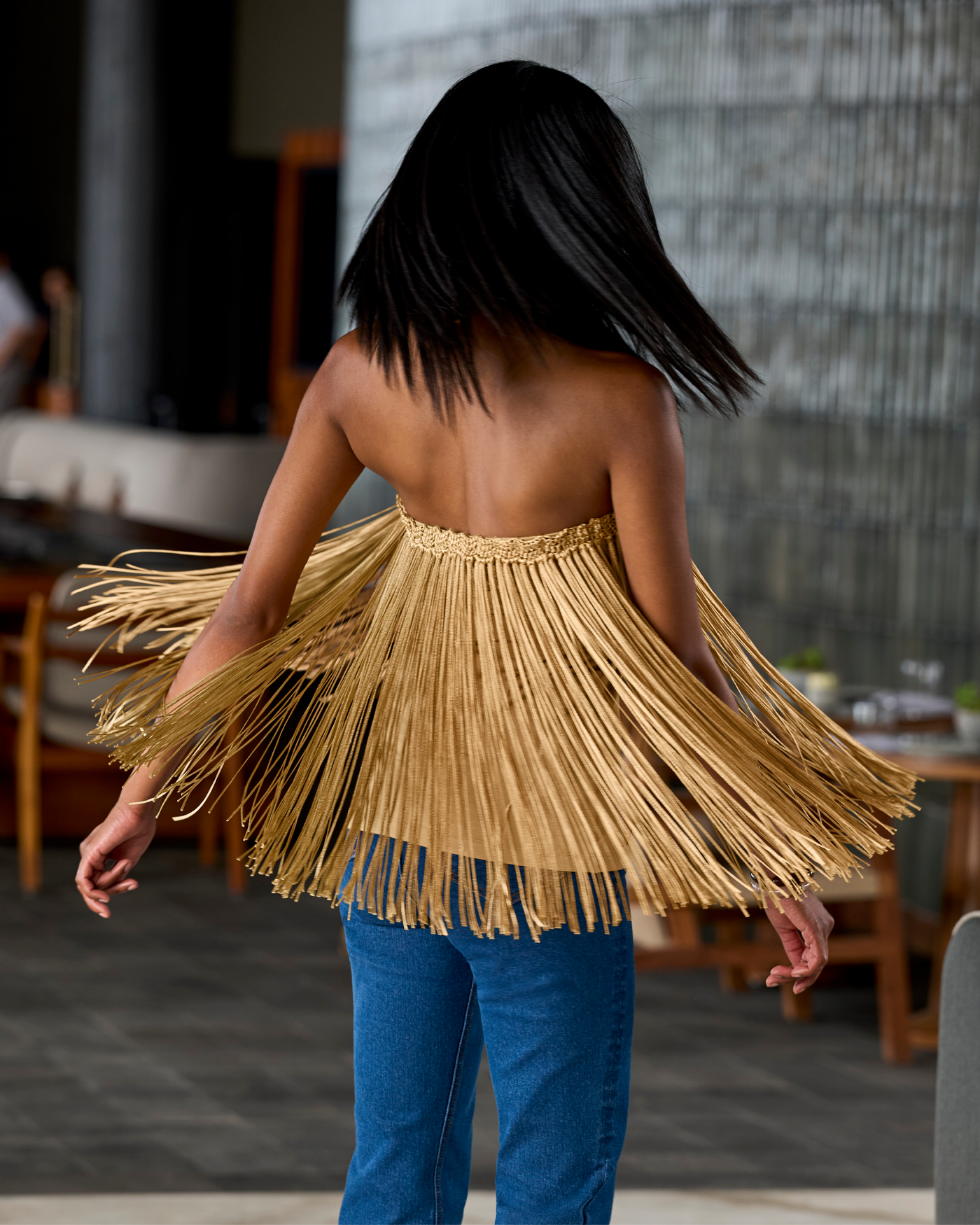 Macramé Fringe High Neck Tank Tan