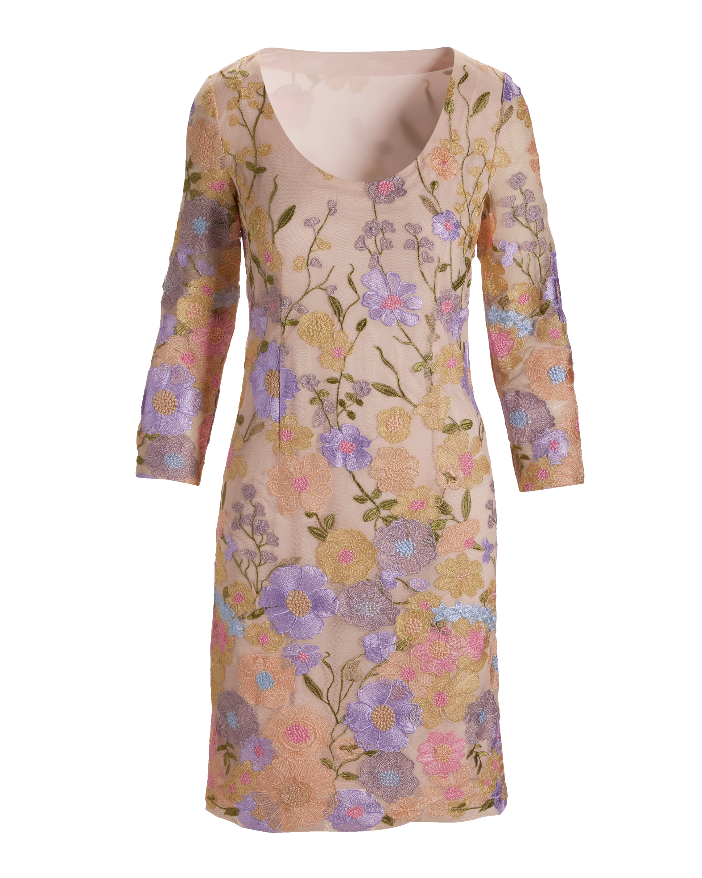 Pastel Embroidered Mesh Three Quarter Sleeve Sheath Dress Multi