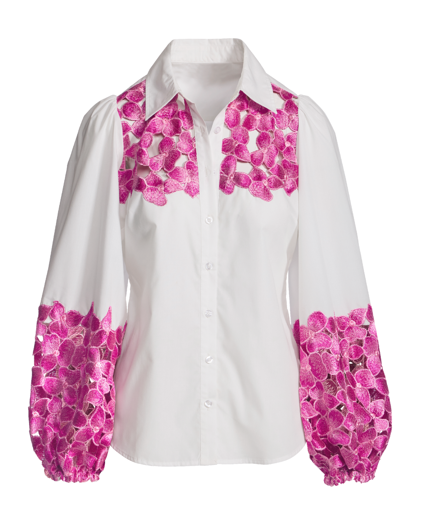 Floral Lace Trim Balloon Sleeve Button Up Poplin Shirt - White 