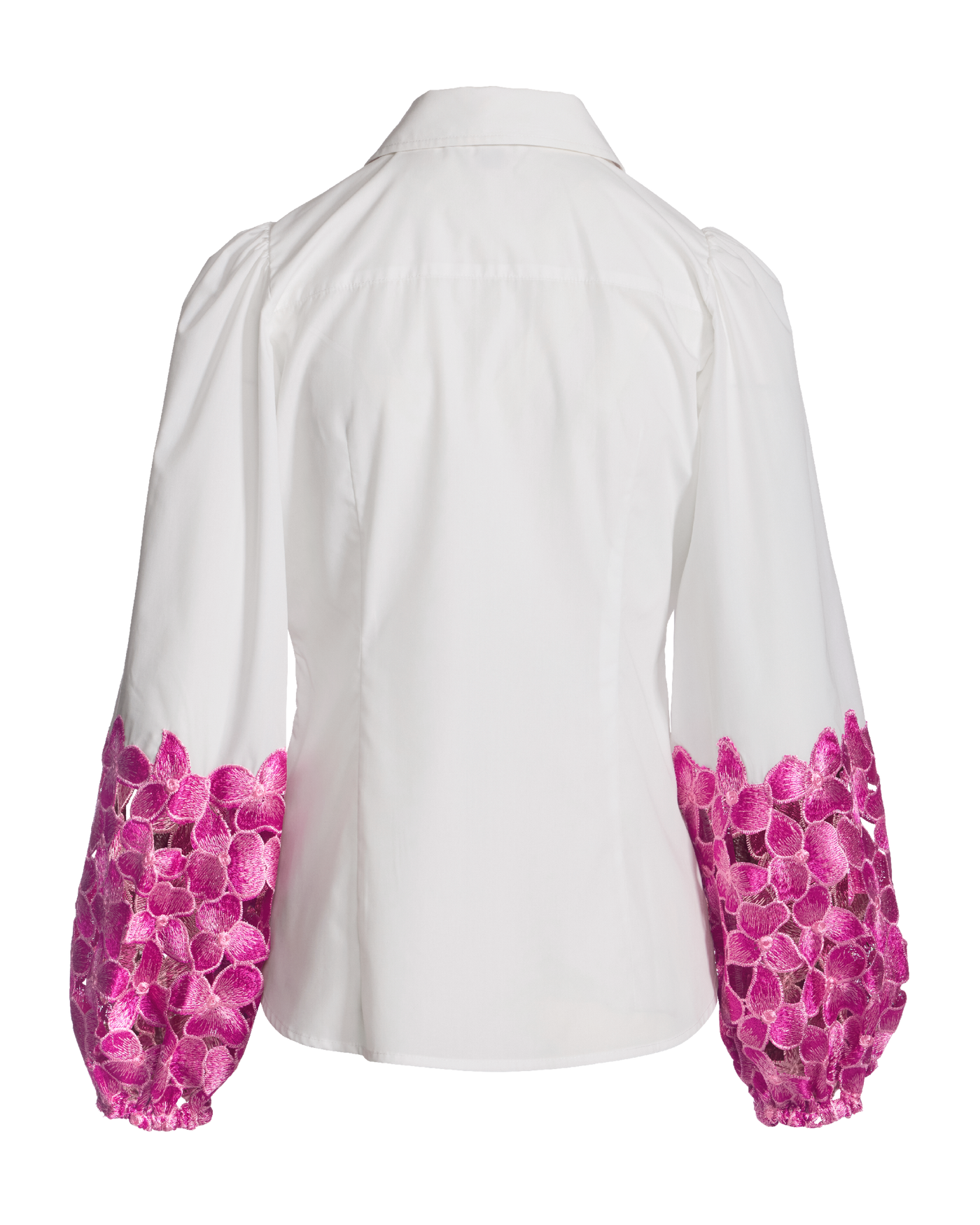 Floral Lace Trim Balloon Sleeve Button Up Poplin Shirt - White 