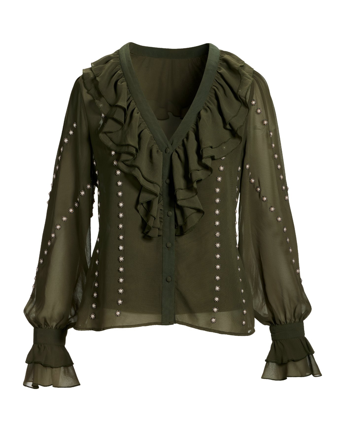 Parisian Pearl Embellished Ruffle Blouse Olive Night