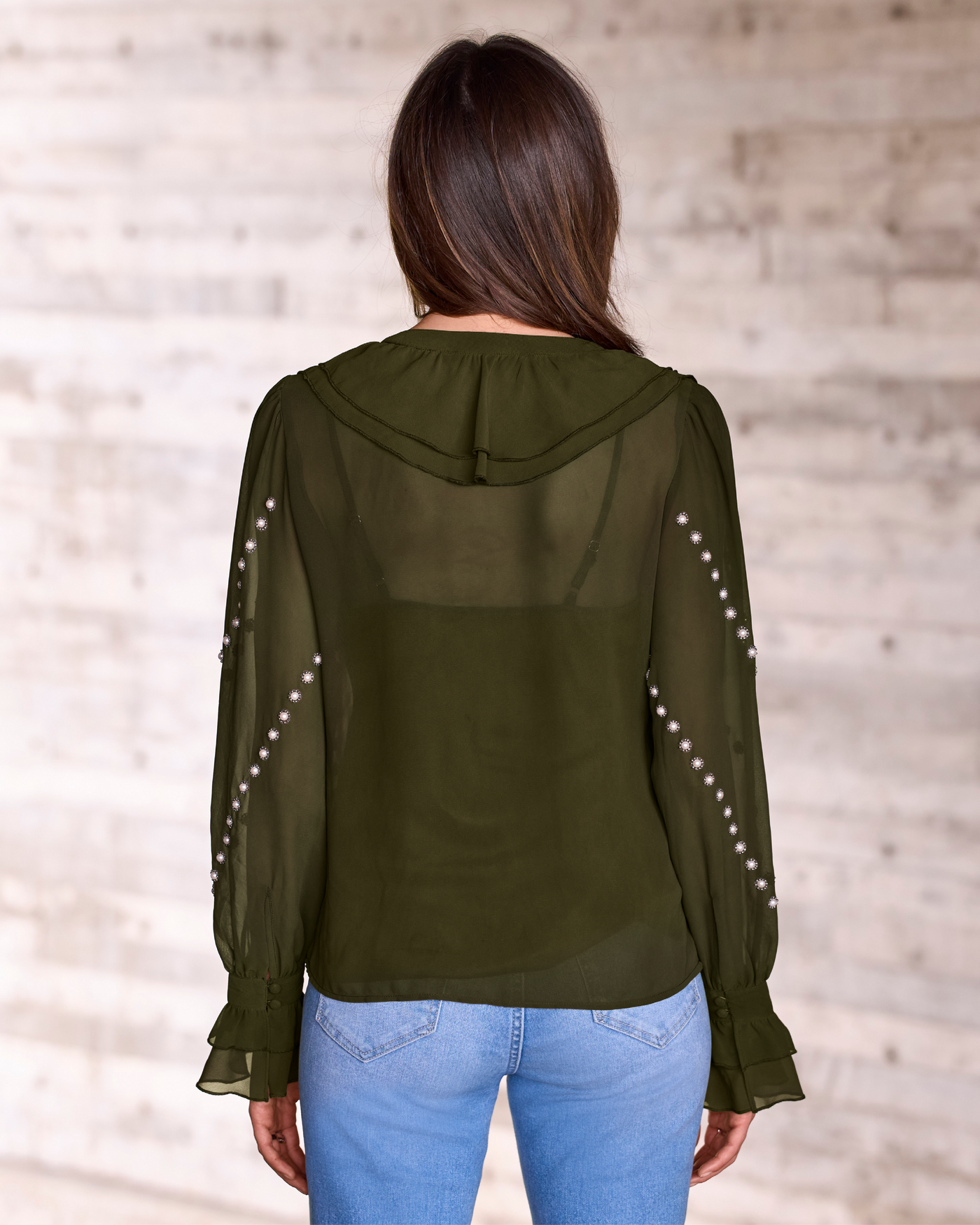Parisian Pearl Embellished Ruffle Blouse Olive Night