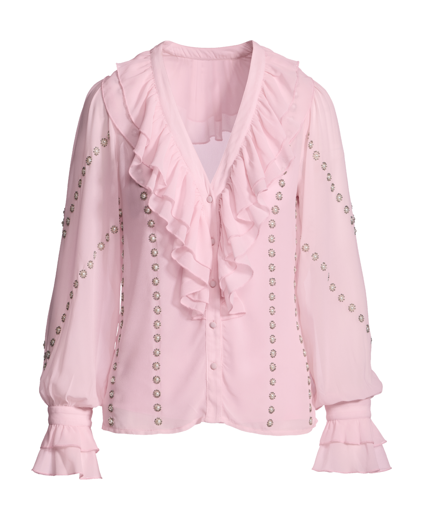 Ruffled Collar Pearl Embellishments Hot Pink Blouse