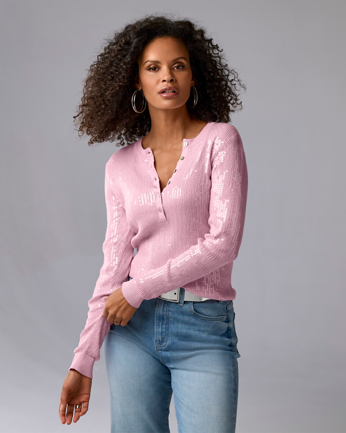 Henley Sequin Long Sleeve Sweater - Roseate | Boston Proper