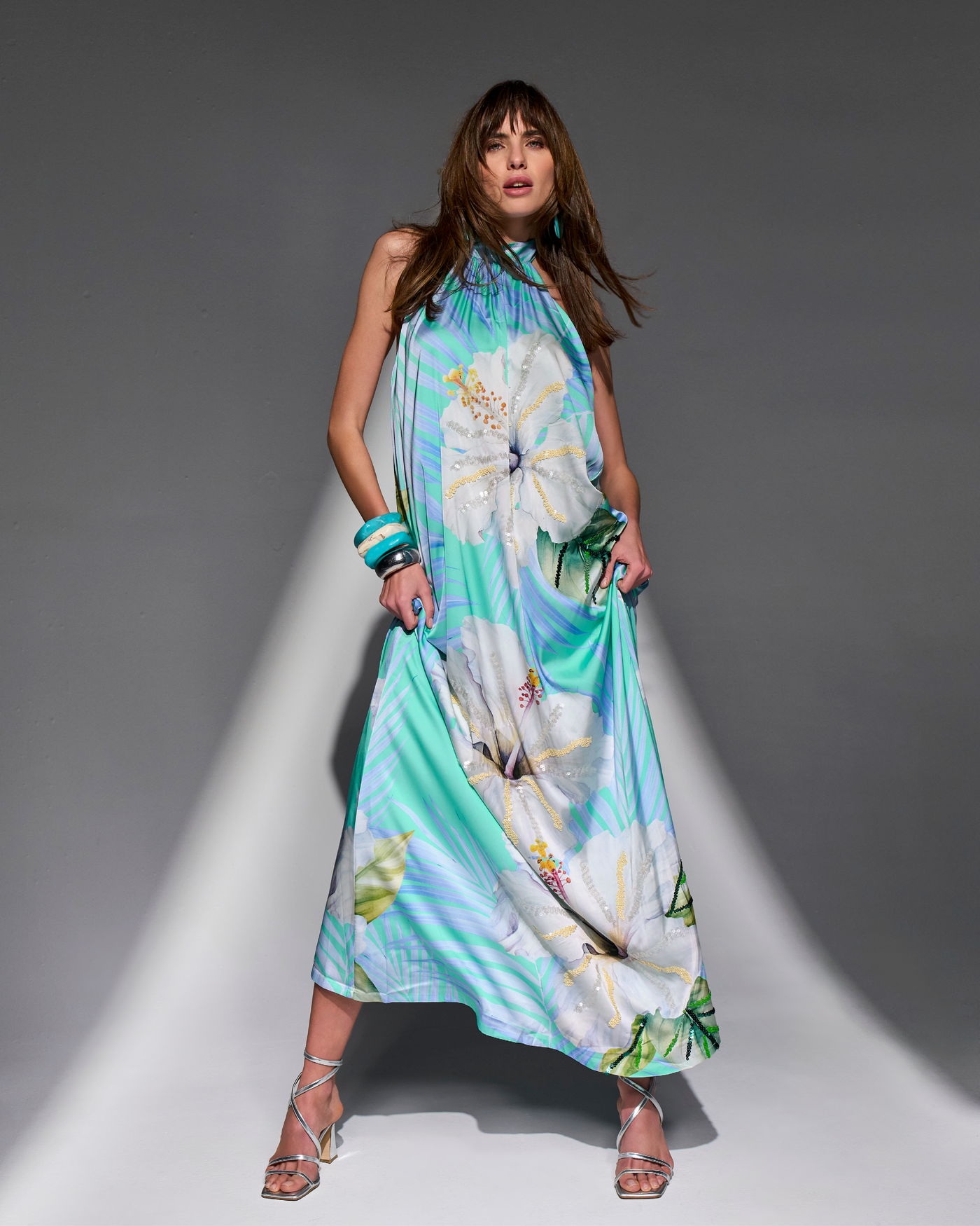 Exploded Hibiscus Sequin Embellished Halter Maxi Dress Exploded Hibiscus