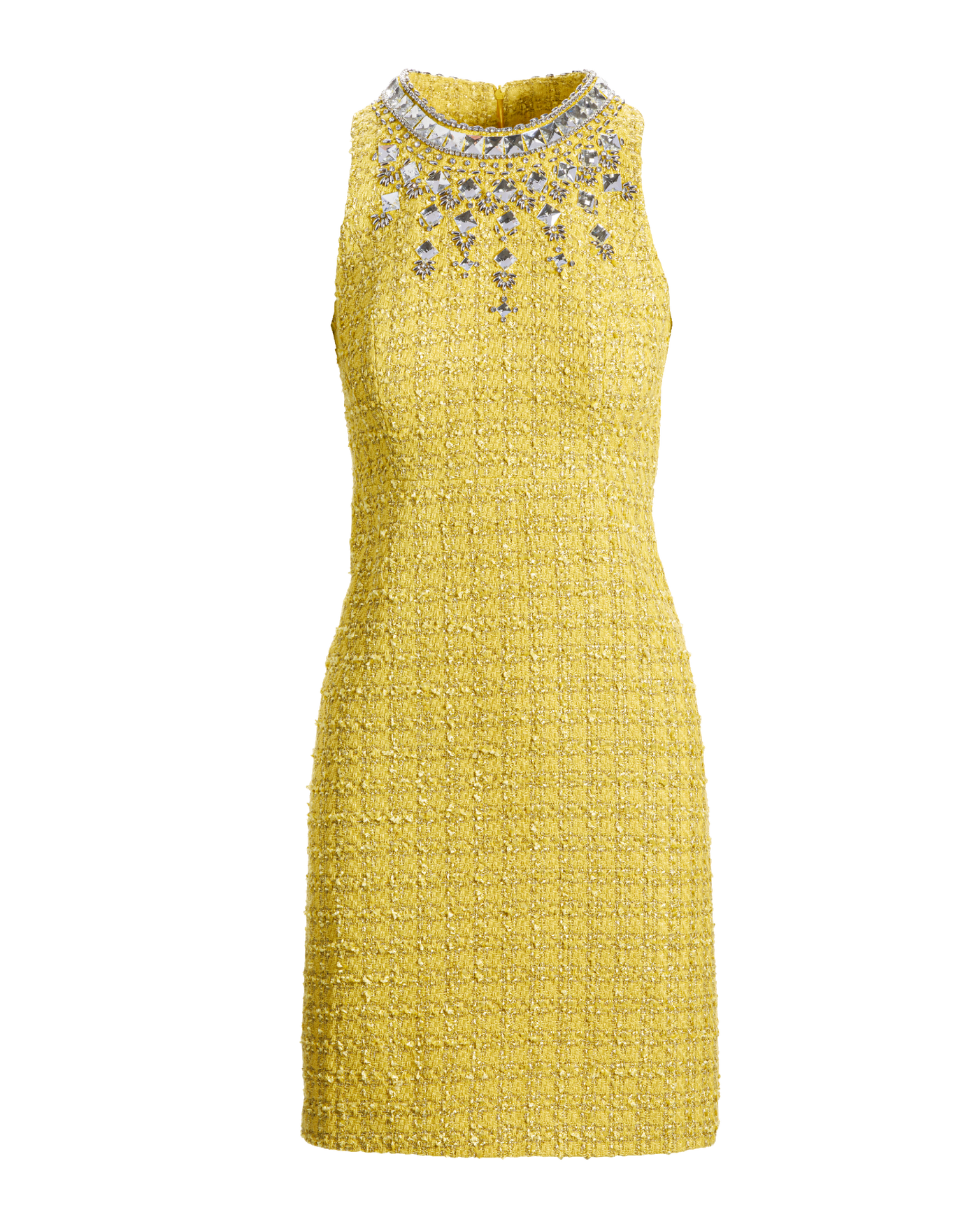 Crystal Embellished High Neck Tweed Sheath Dress Yellow