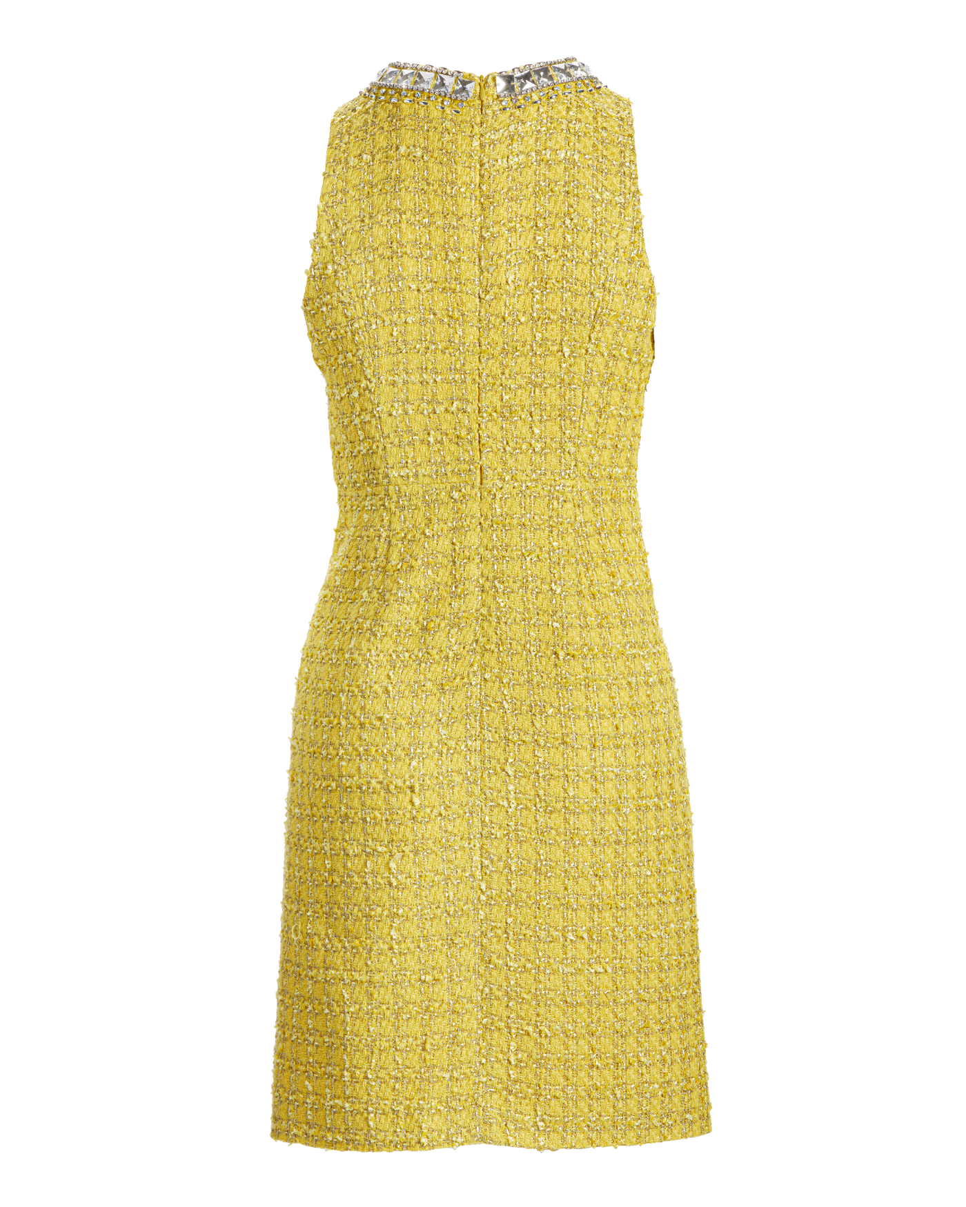 Crystal Embellished High Neck Tweed Sheath Dress Yellow