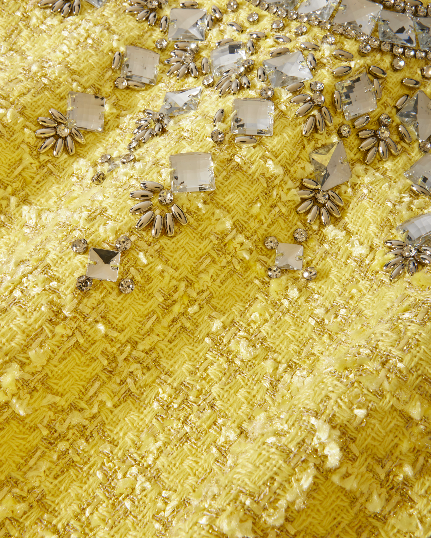 Crystal Embellished High Neck Tweed Sheath Dress Yellow