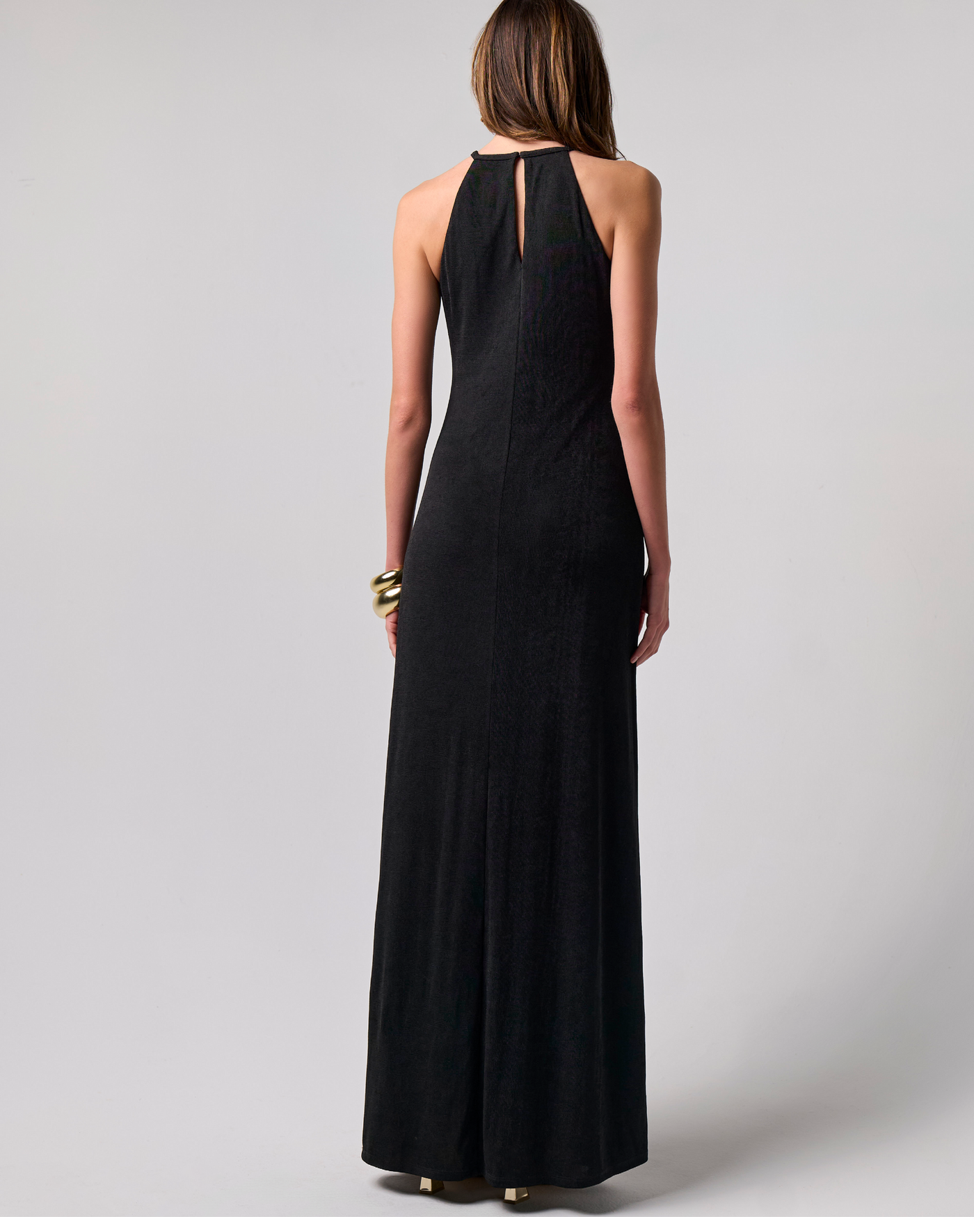 Halter Hardware Detail Slinky Maxi Dress Black