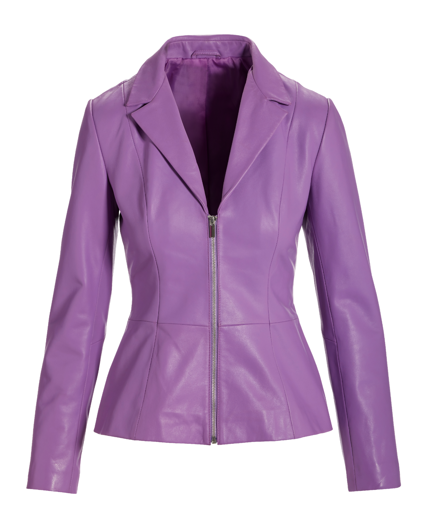 Genuine Leather Zip Collared Peplum Jacket - Iris Orchid | Boston