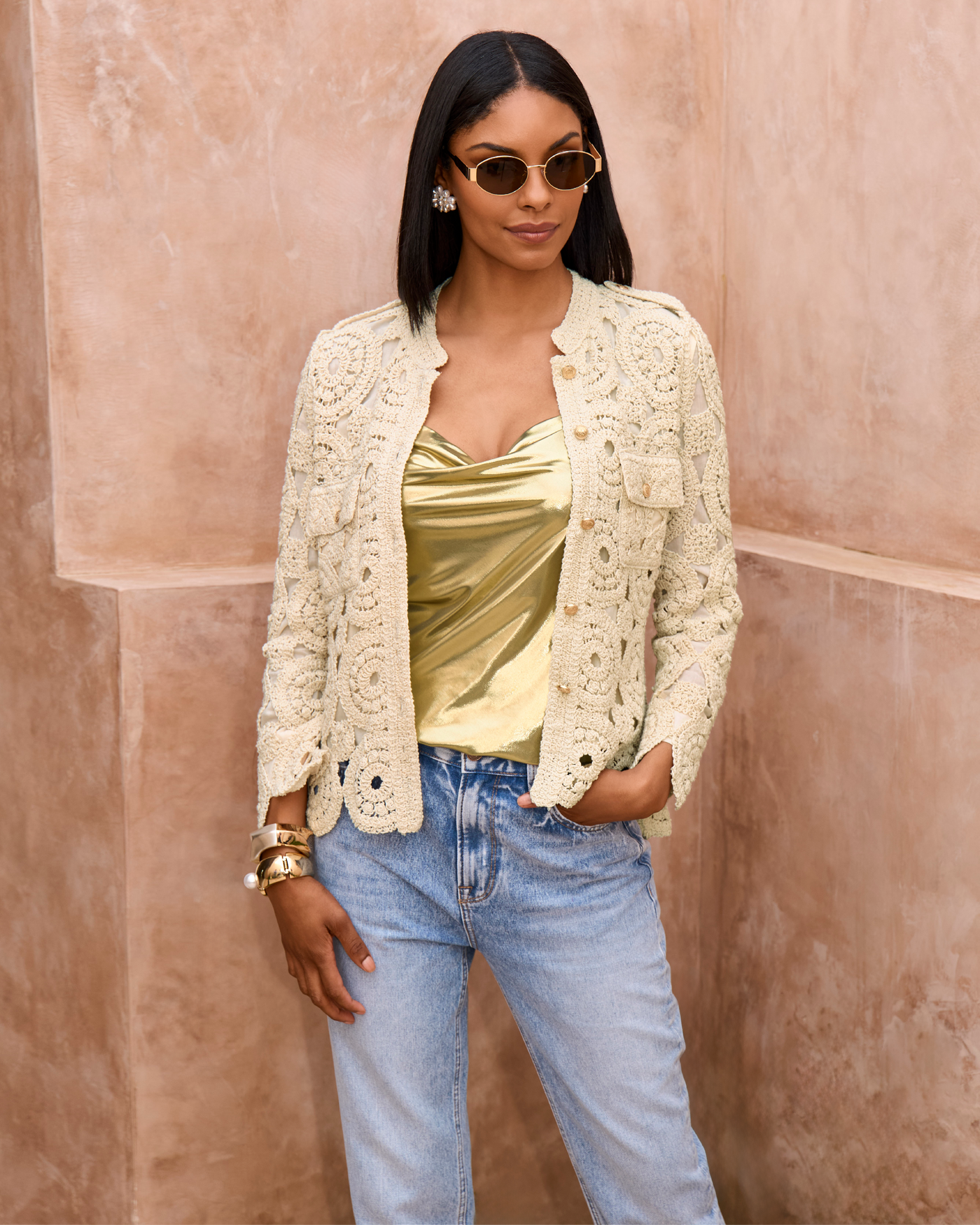 Crochet Three Quarter Sleeve Jacket Natural