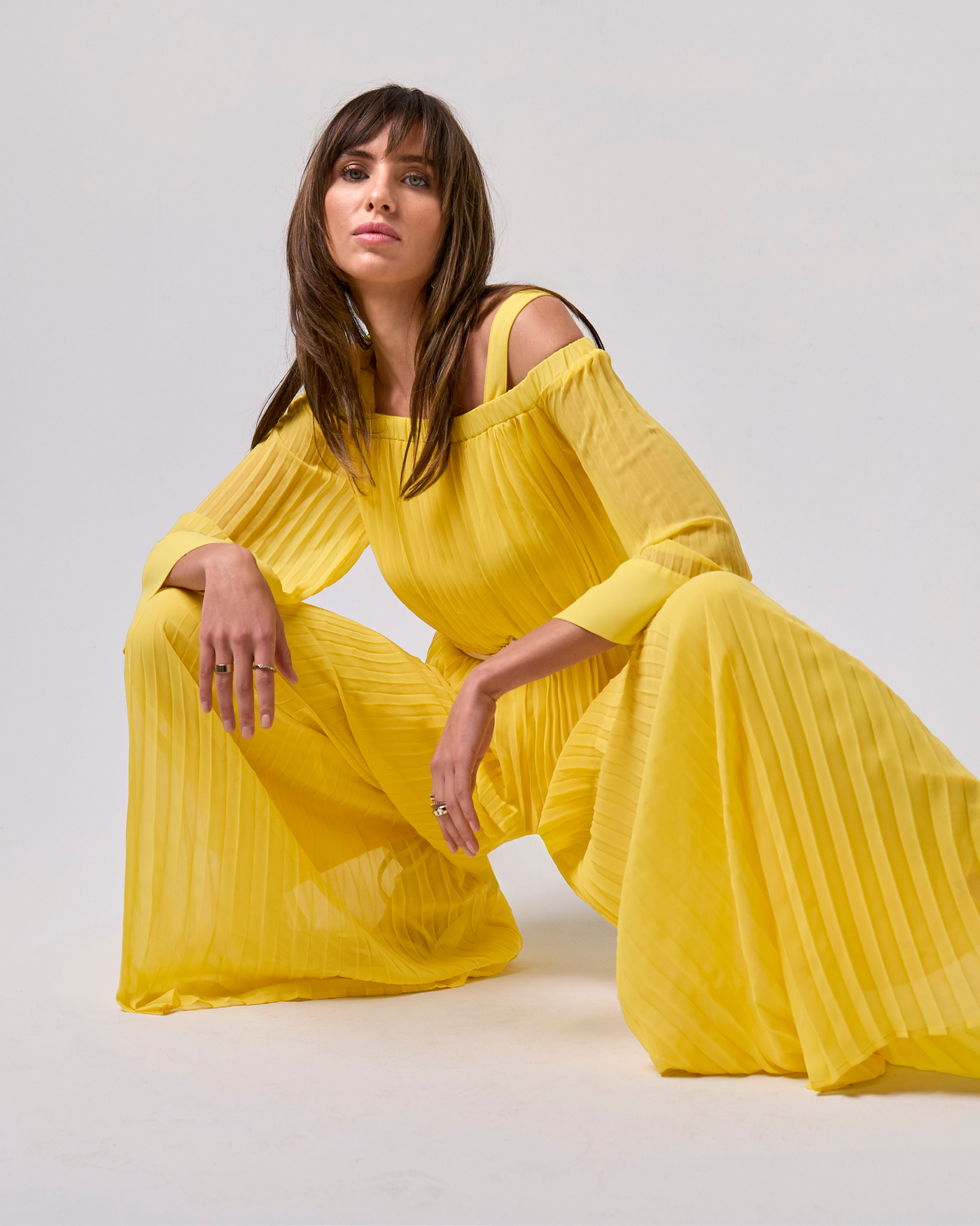 Cold Shoulder Blouson Pleated Jumpsuit Lemon Drop