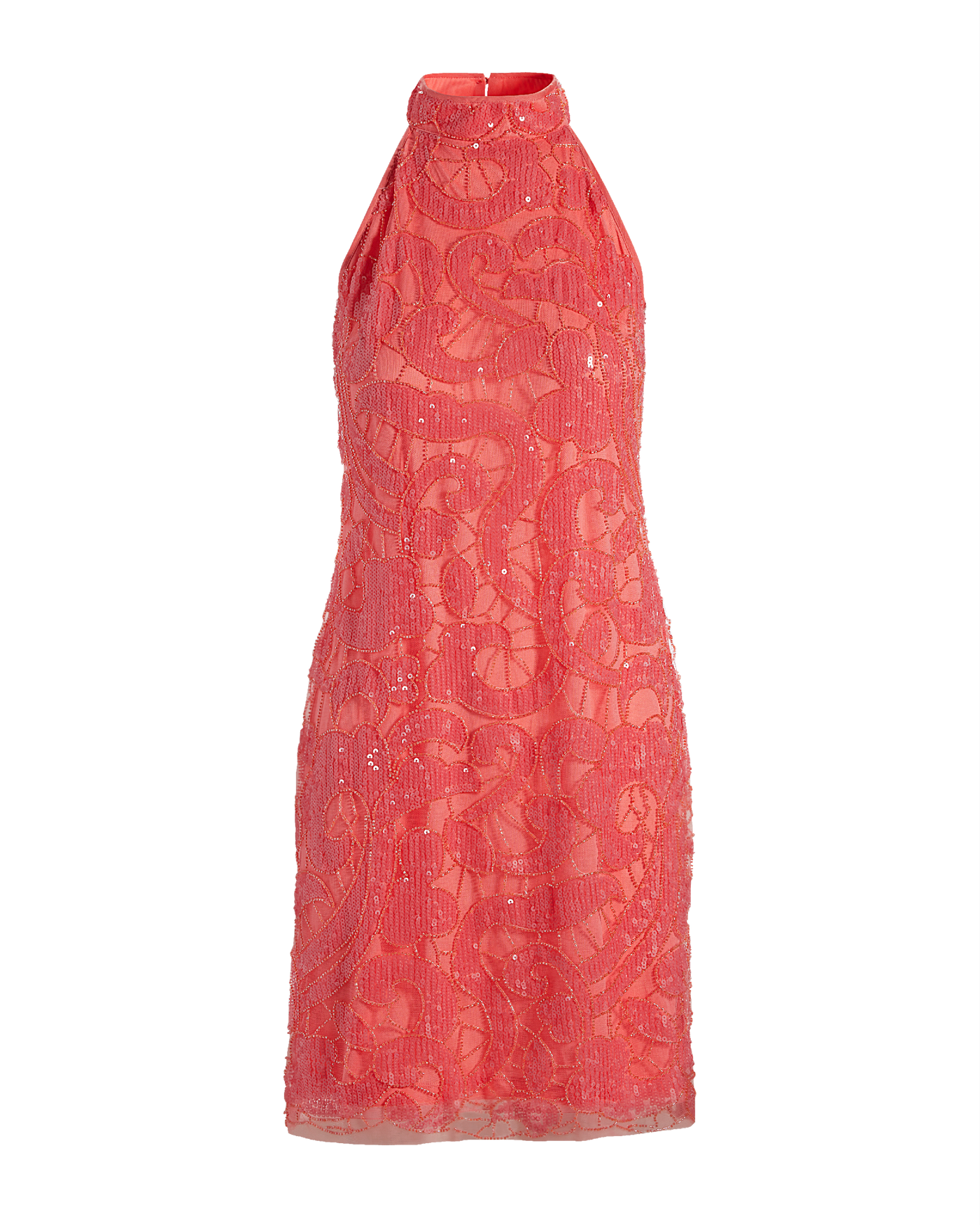 Sequin & Bead Embellished Mock Neck Swing Dress Bright Coral