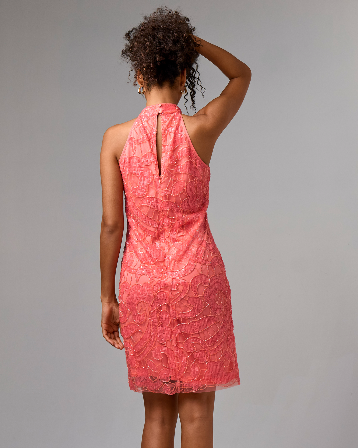 Sequin & Bead Embellished Mock Neck Swing Dress Bright Coral