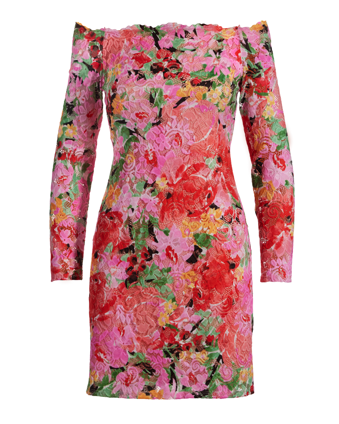 Shoulder Skimming Printed Stretch Lace Sheath Dress Pink Multi