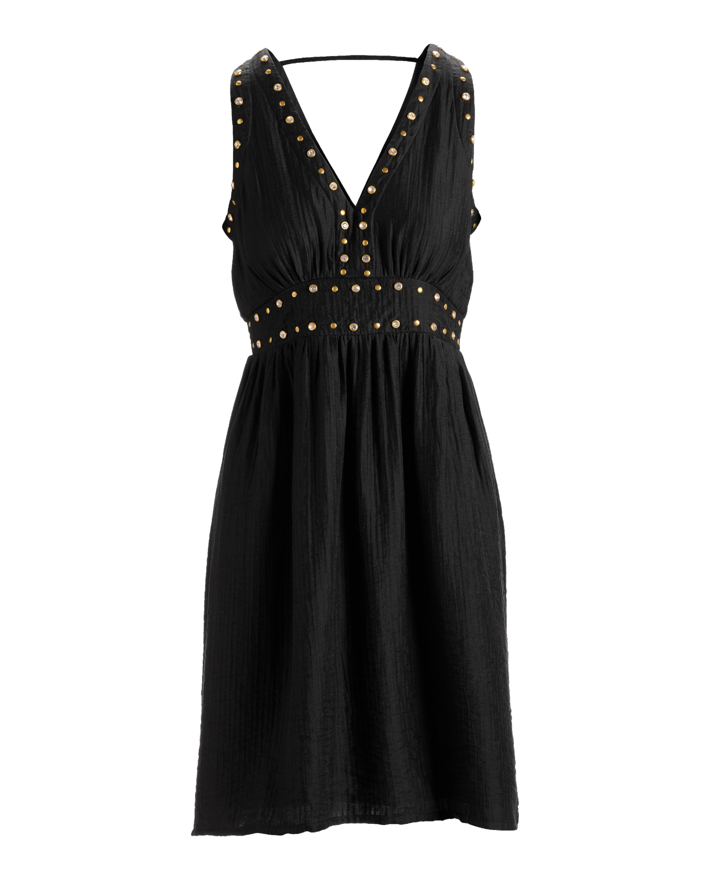 Grommet and Crystal Detail V Neck Fit And Flare Dress Black