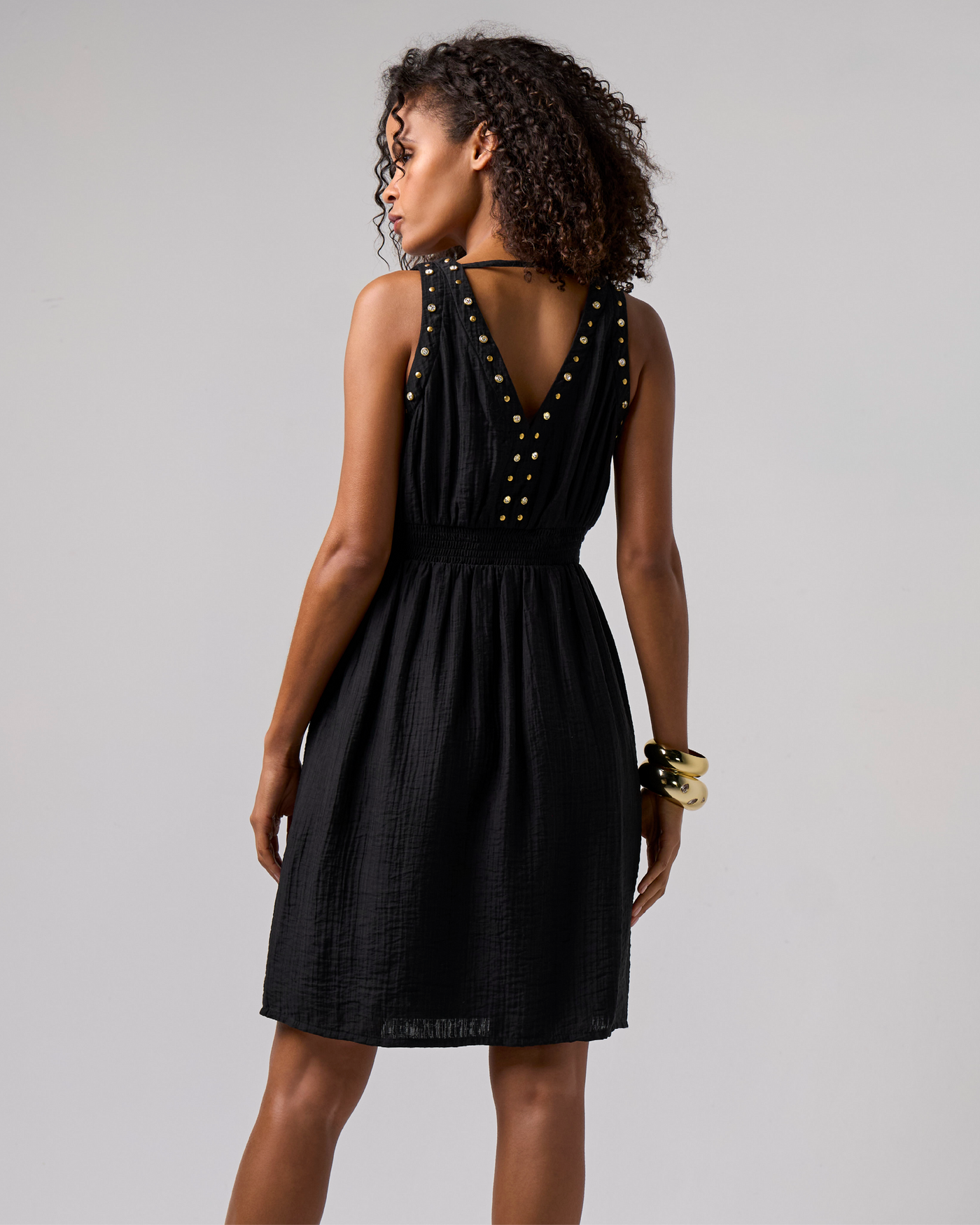 Grommet and Crystal Detail V Neck Fit And Flare Dress Black