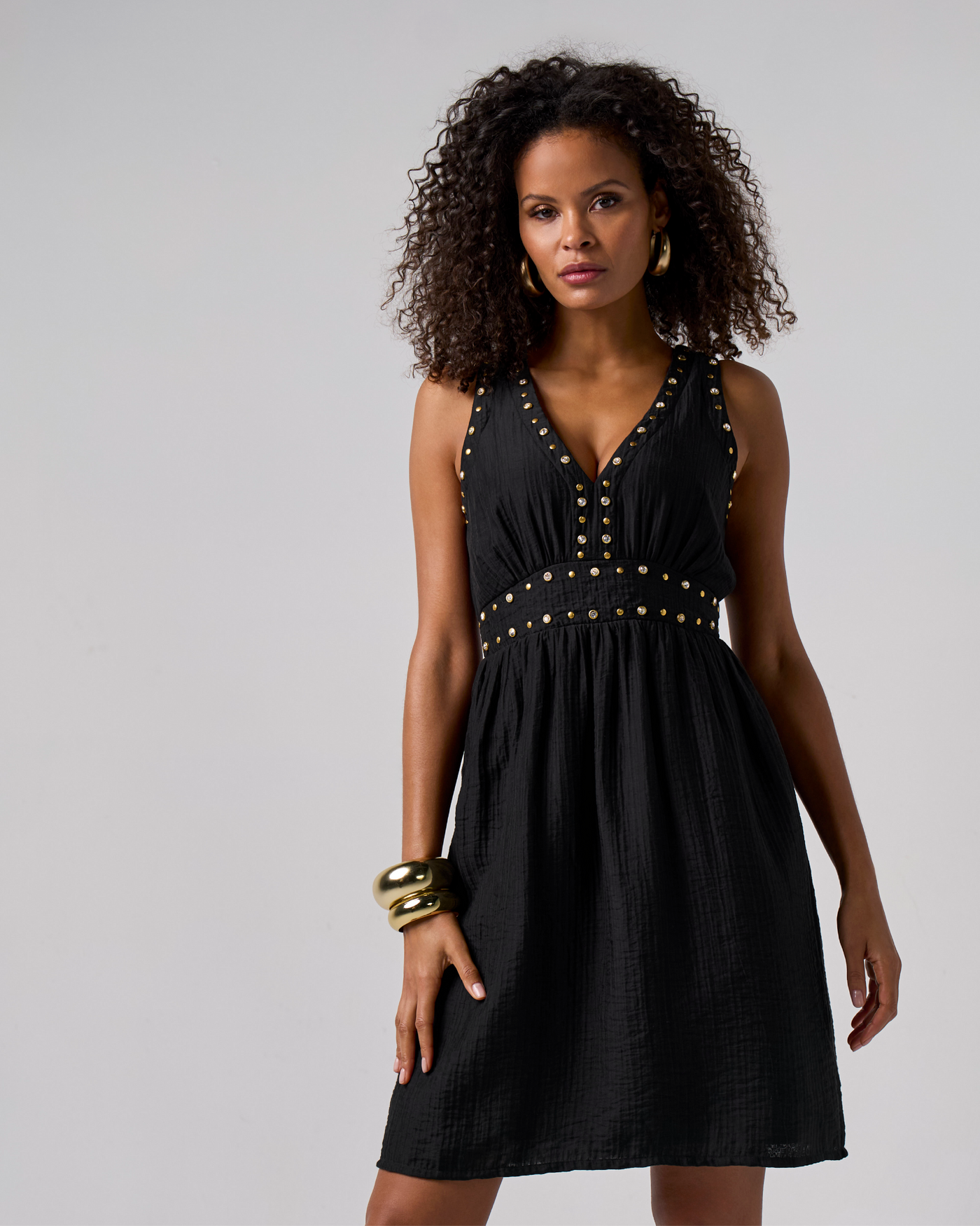 Grommet and Crystal Detail V Neck Fit And Flare Dress Black