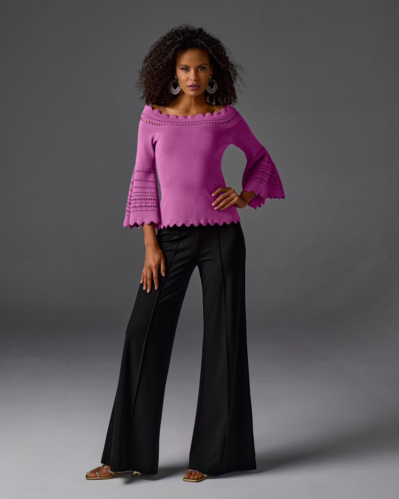 Off The Shoulder Lace Scallop Sweater Radiant Orchid