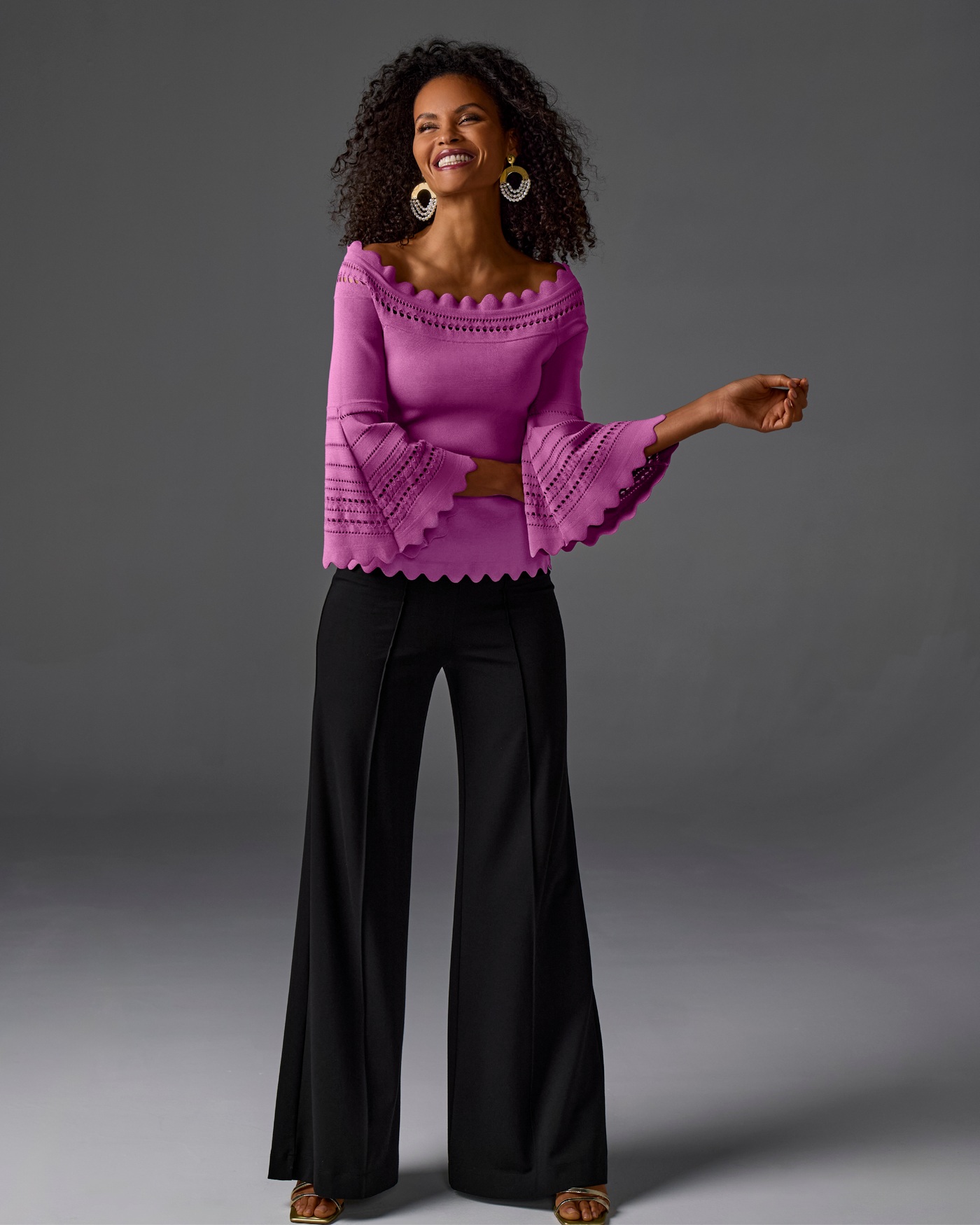 Off The Shoulder Lace Scallop Sweater Radiant Orchid