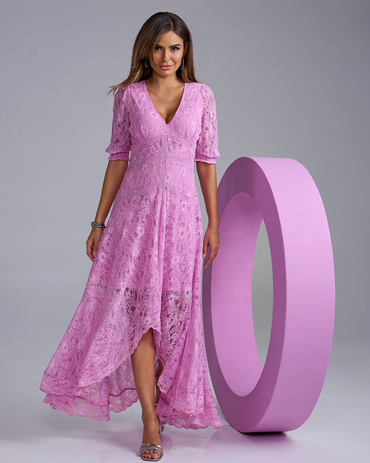 open lace back dress Classic High Low Printed Lace Dress – Olvi's Lace main image 0