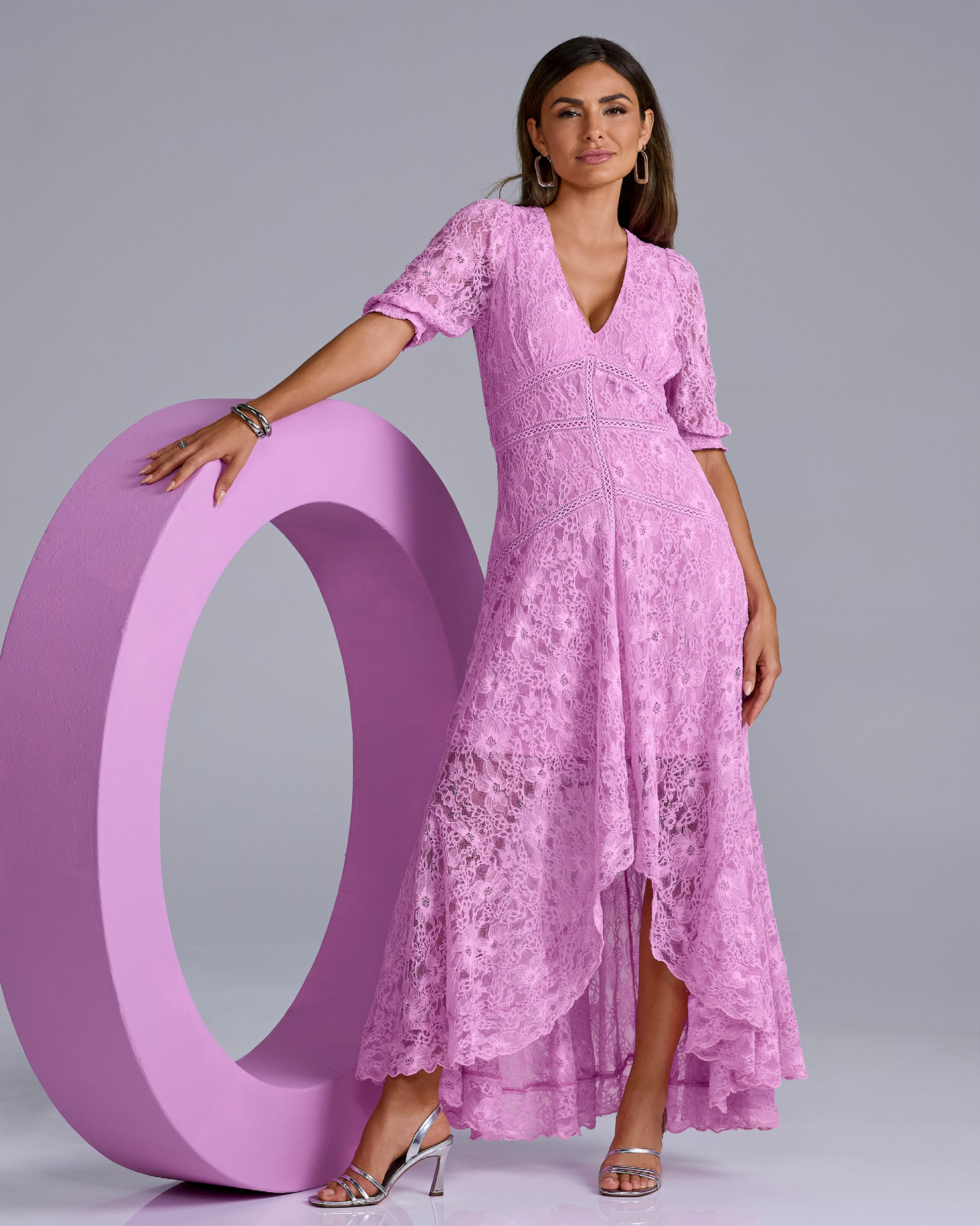 pink puff sleeve maxi dress Sullivan 33.0 CARE Hand Wash Cold Puff Detail Long Sleeve Maxi