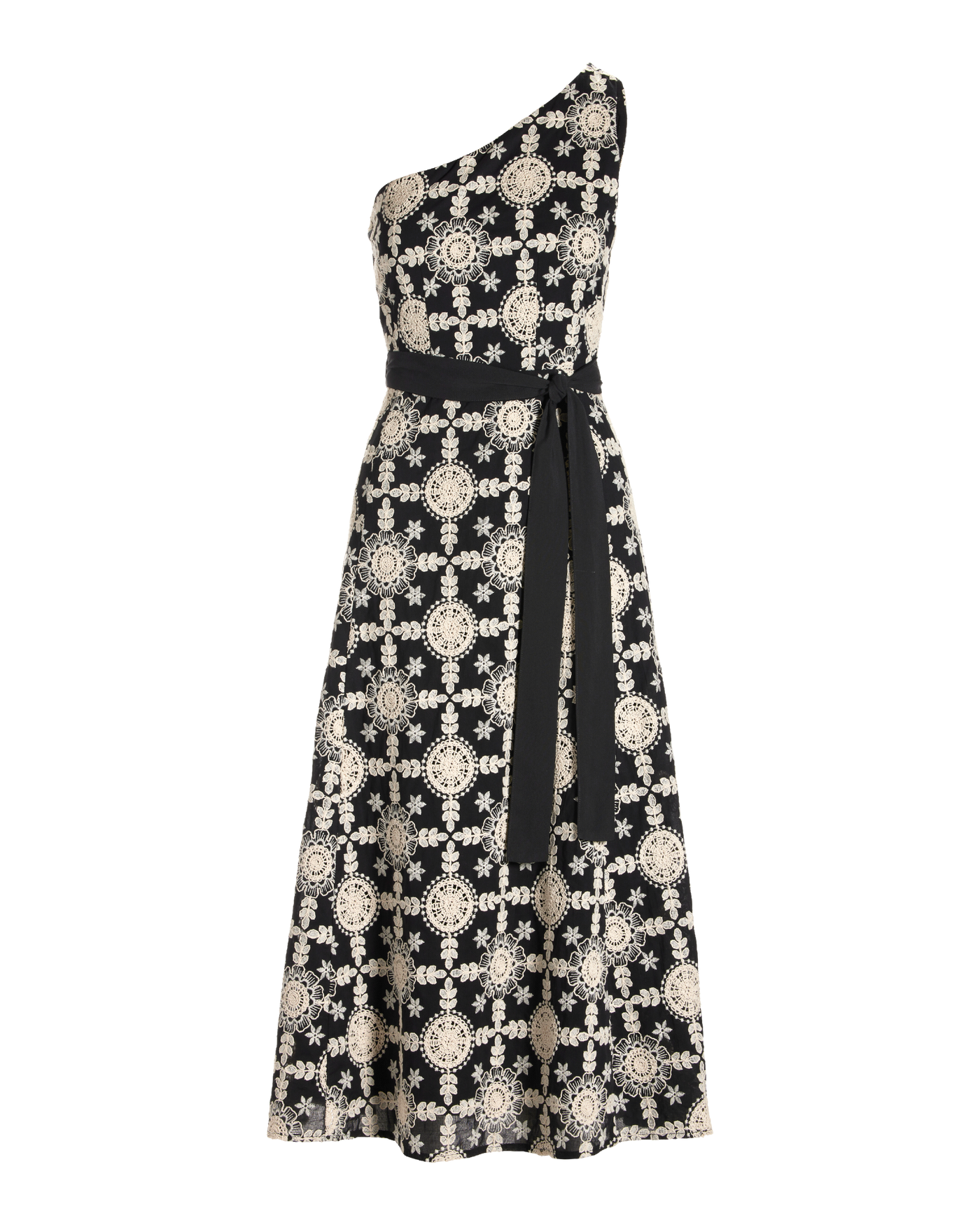 One Shoulder Crochet Inset Fit and Flare Dress - Black | Boston Proper
